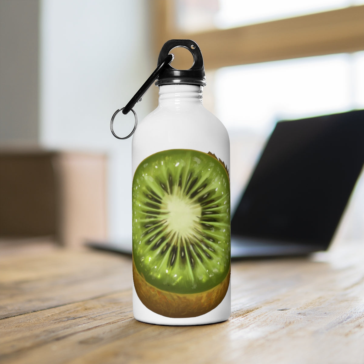 Kiwi Stainless Steel Water Bottle with a plastic screw top and carabiner, showcasing its sleek design and vibrant print.