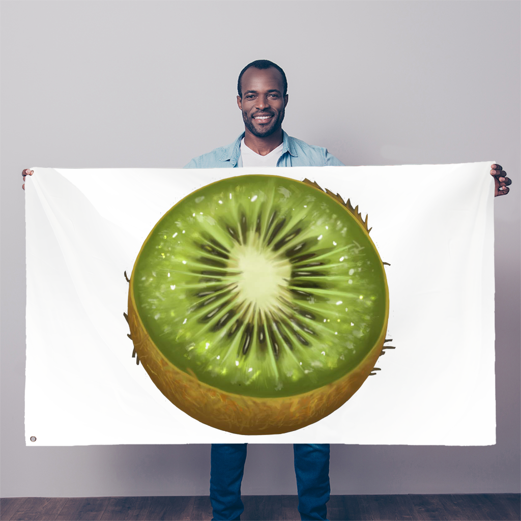 A vibrant Kiwi Sublimation Flag measuring 5FT X 3FT, made from durable polyester fabric with double-stitched edges and eyelets for easy hanging.