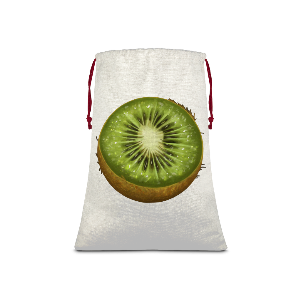 Kiwi Sublimation Linen Drawstring Sack with red drawstring, showcasing its linen texture and eco-friendly print.