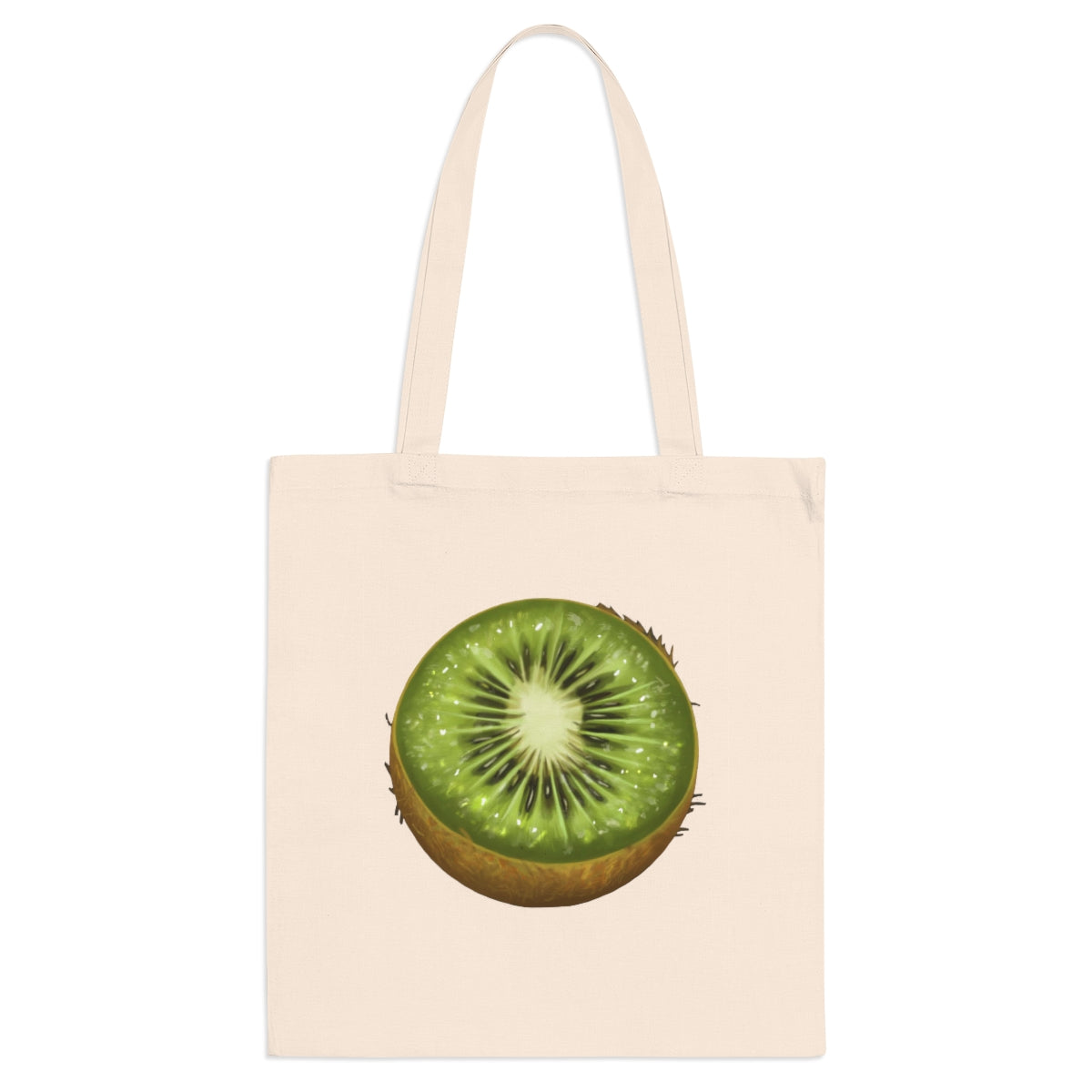 A vibrant Kiwi Tote Bag made of 100% cotton with long handles and cross-stitched detailing, showcasing multiple color options.