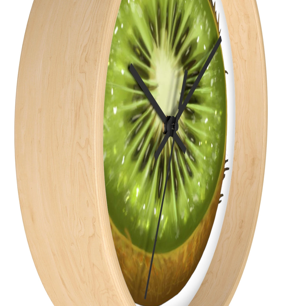 A stylish Kiwi Wall Clock featuring a wooden frame and a vibrant kiwi design, perfect for indoor decoration.