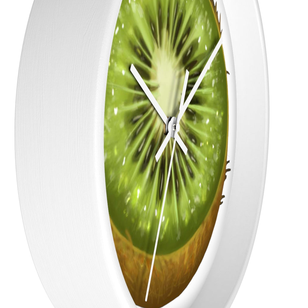 A stylish Kiwi Wall Clock featuring a wooden frame and a vibrant kiwi design, perfect for indoor decoration.