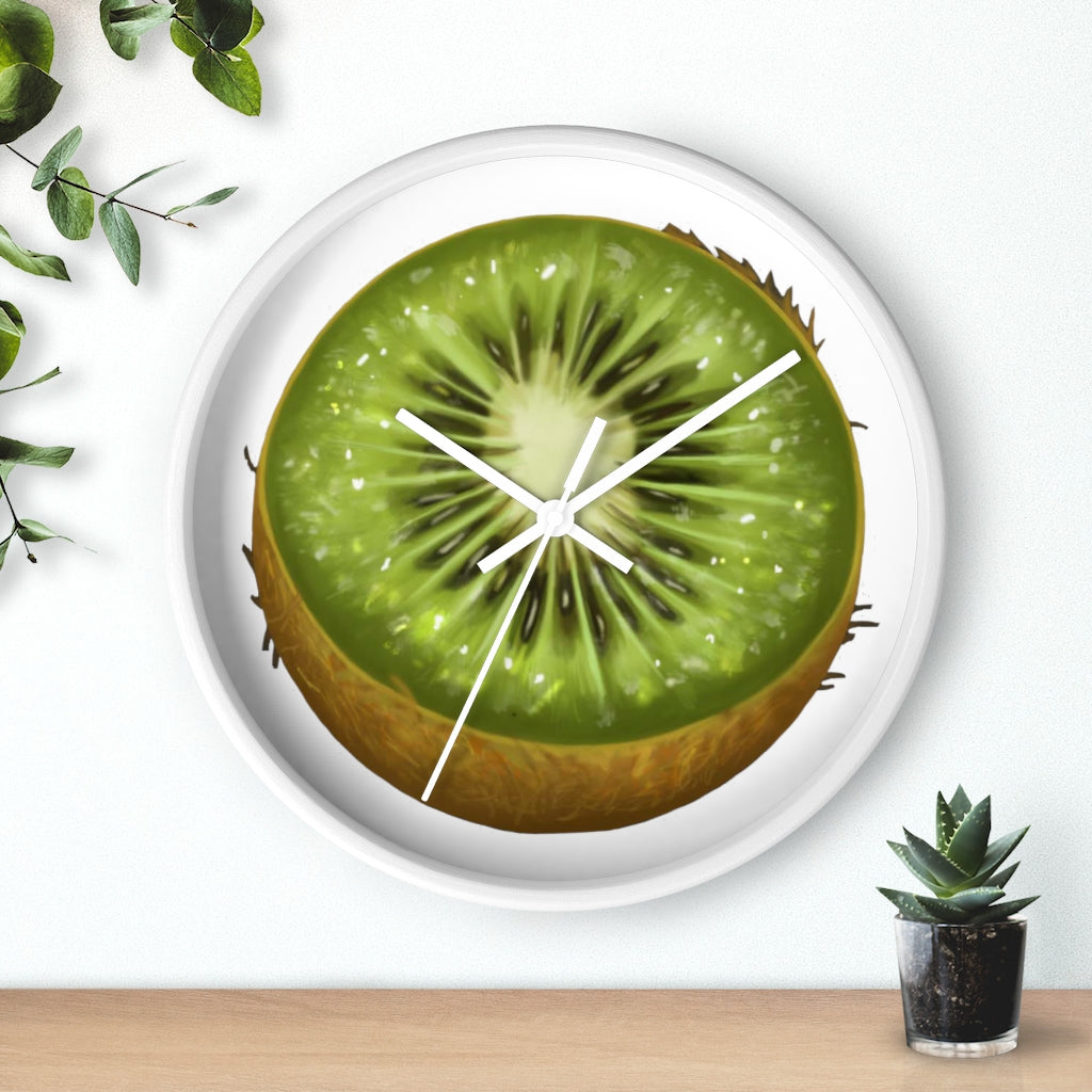 A stylish Kiwi Wall Clock featuring a wooden frame and a vibrant kiwi design, perfect for indoor decoration.