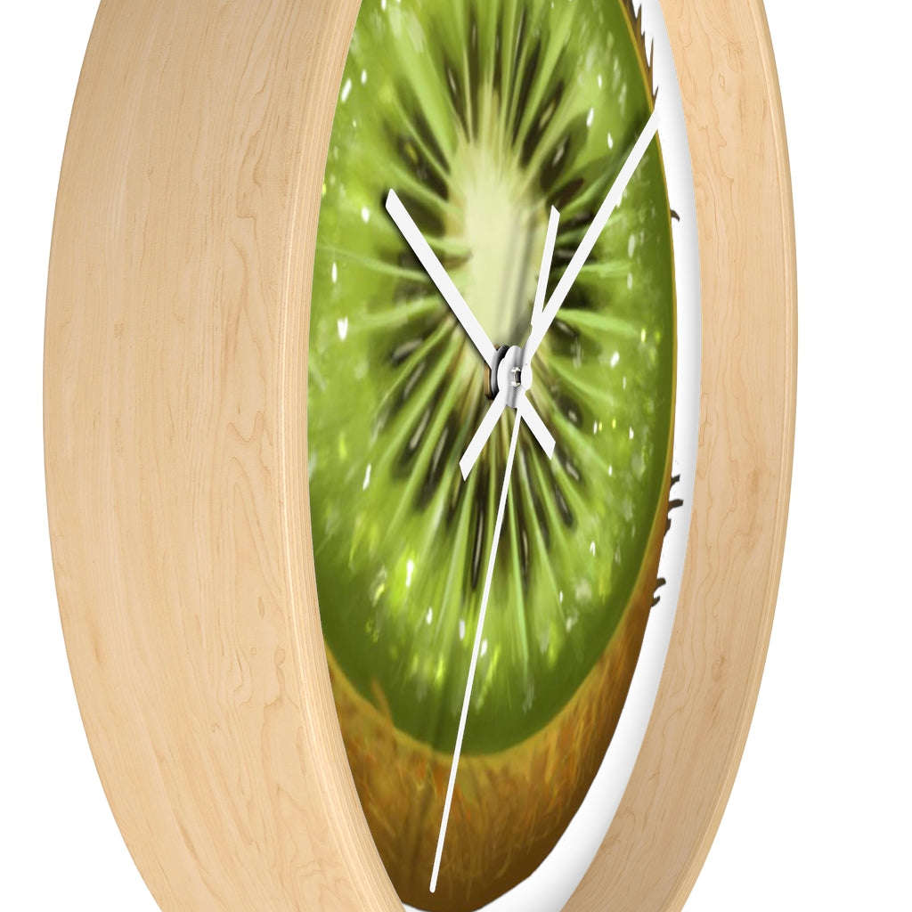 A stylish Kiwi Wall Clock featuring a wooden frame and a vibrant kiwi design, perfect for indoor decoration.