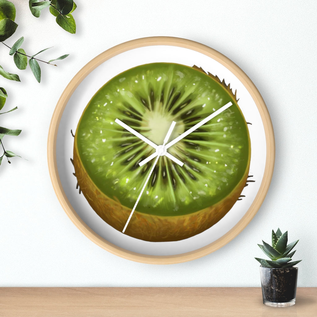 A stylish Kiwi Wall Clock featuring a wooden frame and a vibrant kiwi design, perfect for indoor decoration.