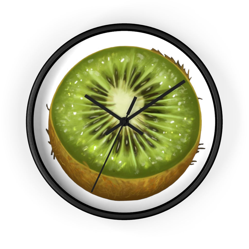 A stylish Kiwi Wall Clock featuring a wooden frame and a vibrant kiwi design, perfect for indoor decoration.