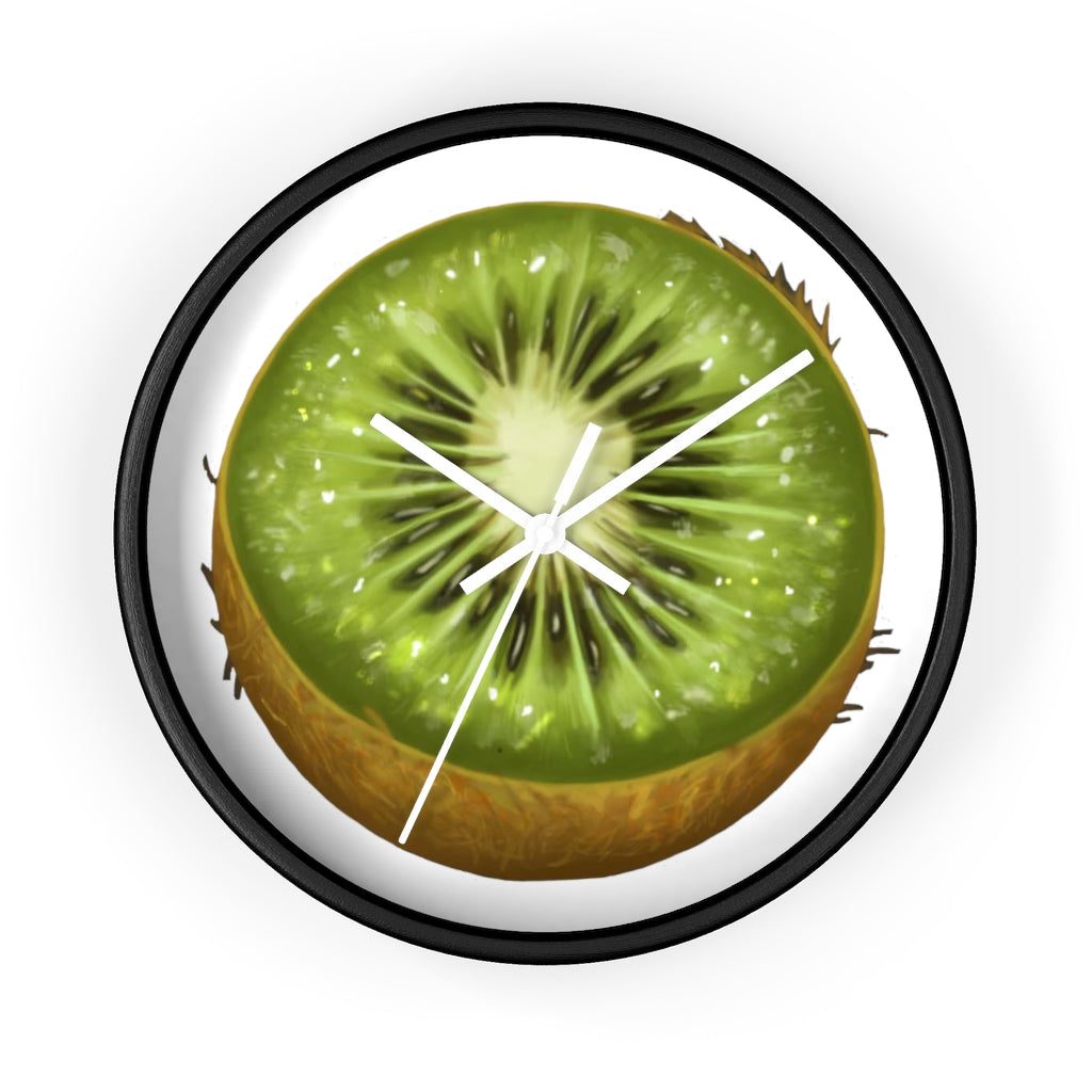 A stylish Kiwi Wall Clock featuring a wooden frame and a vibrant kiwi design, perfect for indoor decoration.