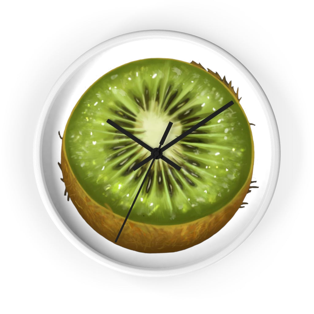 A stylish Kiwi Wall Clock featuring a wooden frame and a vibrant kiwi design, perfect for indoor decoration.