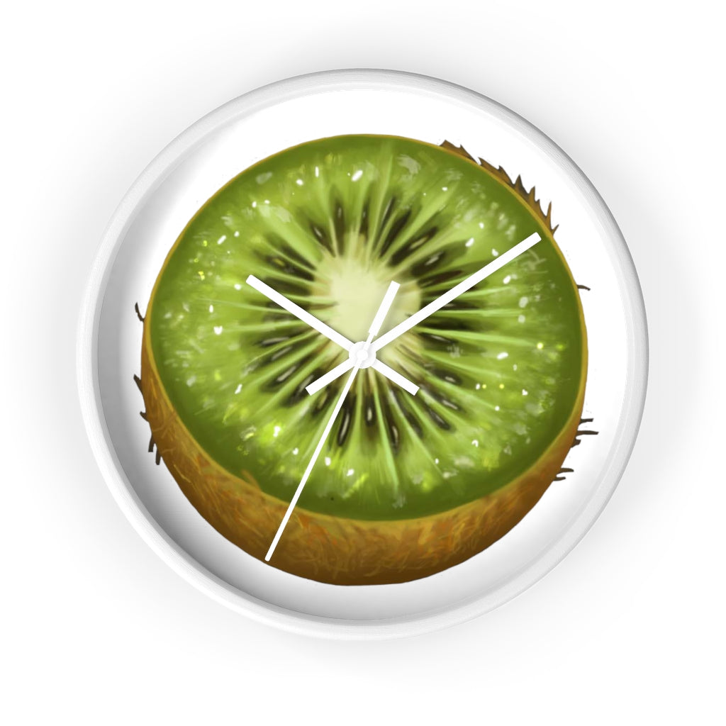 A stylish Kiwi Wall Clock featuring a wooden frame and a vibrant kiwi design, perfect for indoor decoration.