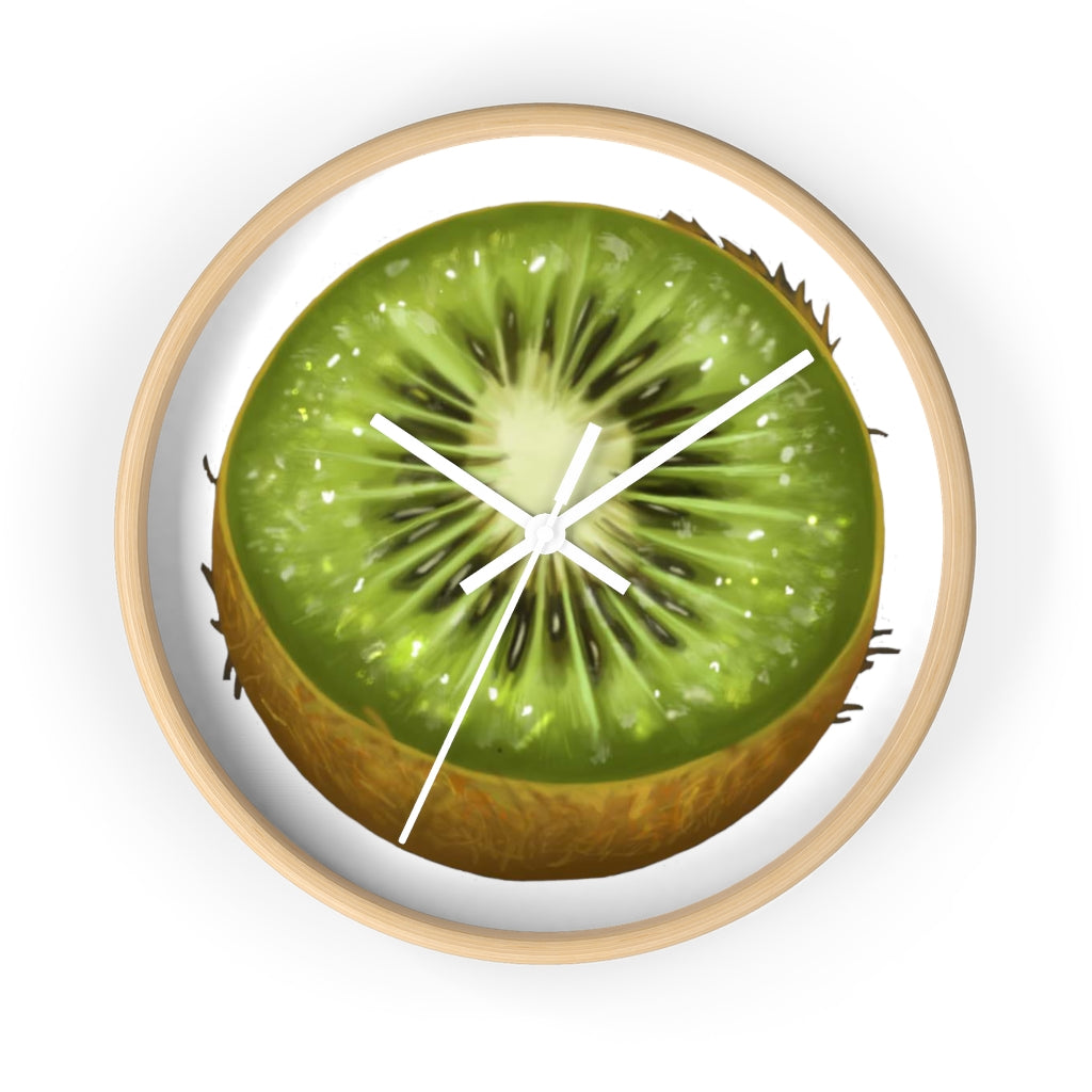 A stylish Kiwi Wall Clock featuring a wooden frame and a vibrant kiwi design, perfect for indoor decoration.