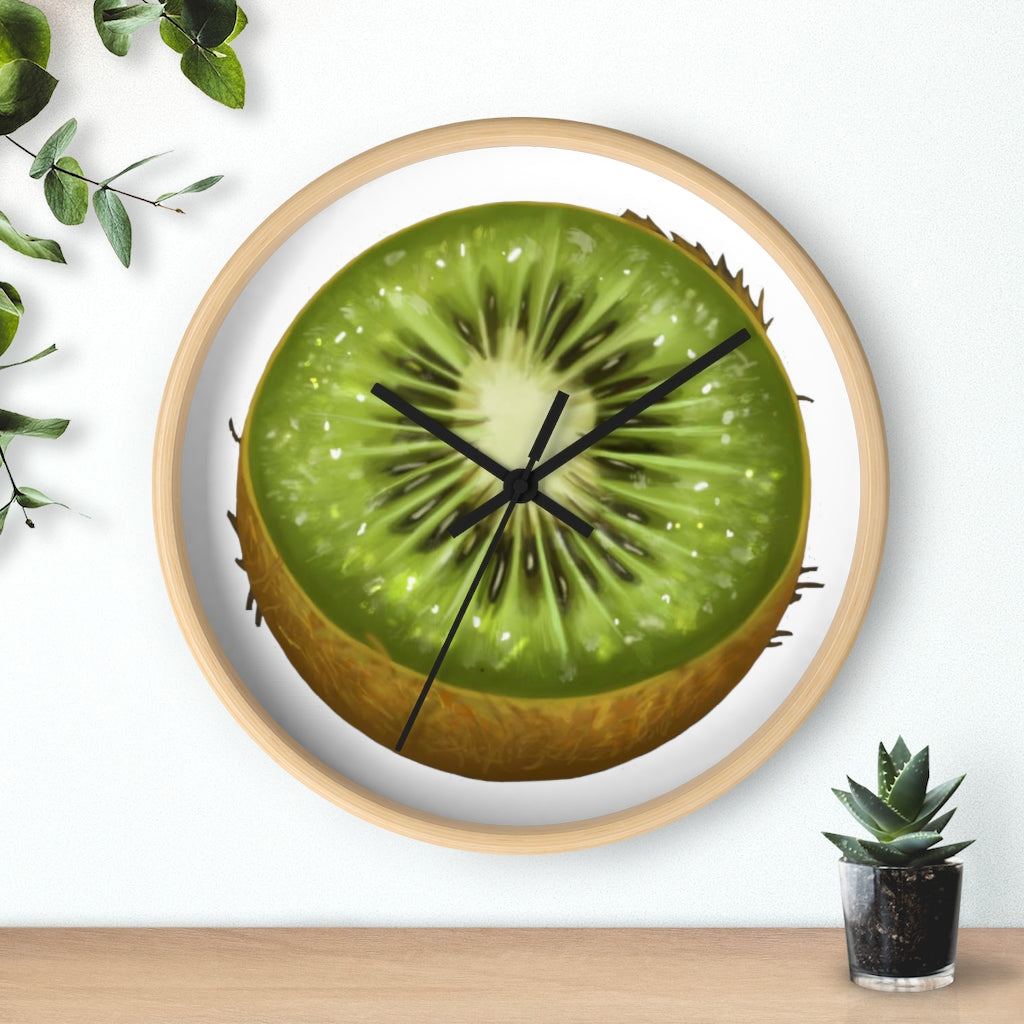 A stylish Kiwi Wall Clock featuring a wooden frame and a vibrant kiwi design, perfect for indoor decoration.