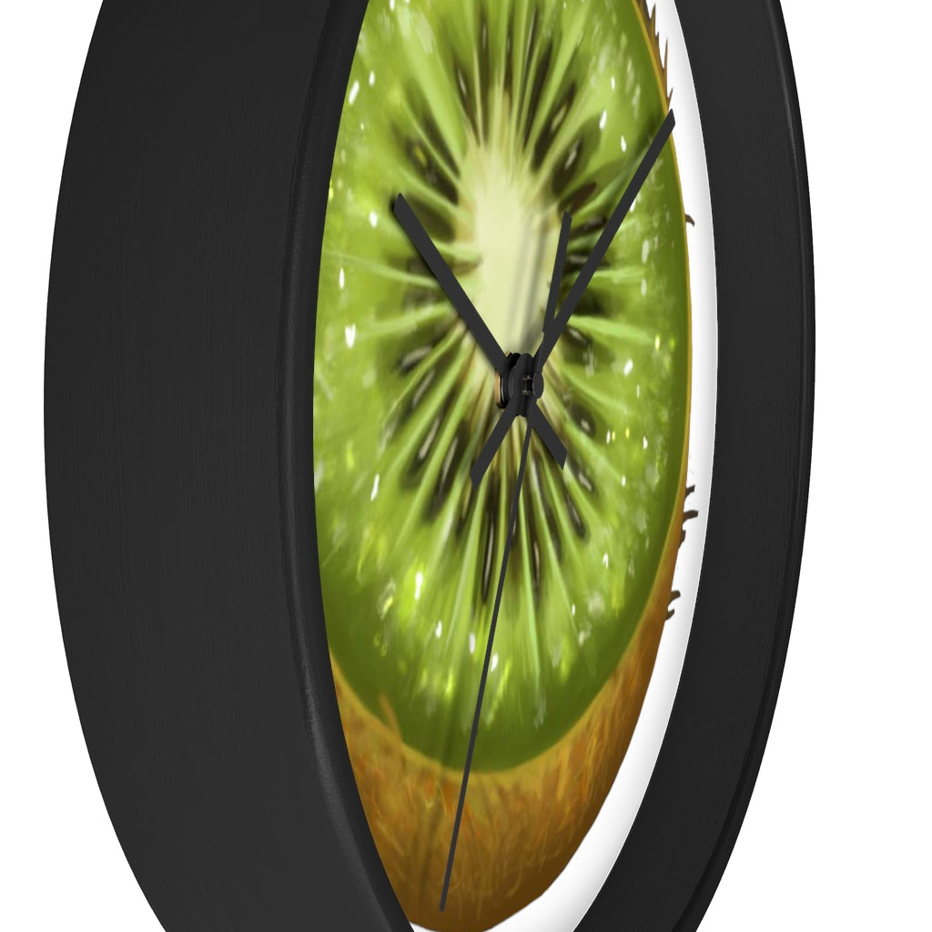 A stylish Kiwi Wall Clock featuring a wooden frame and a vibrant kiwi design, perfect for indoor decoration.