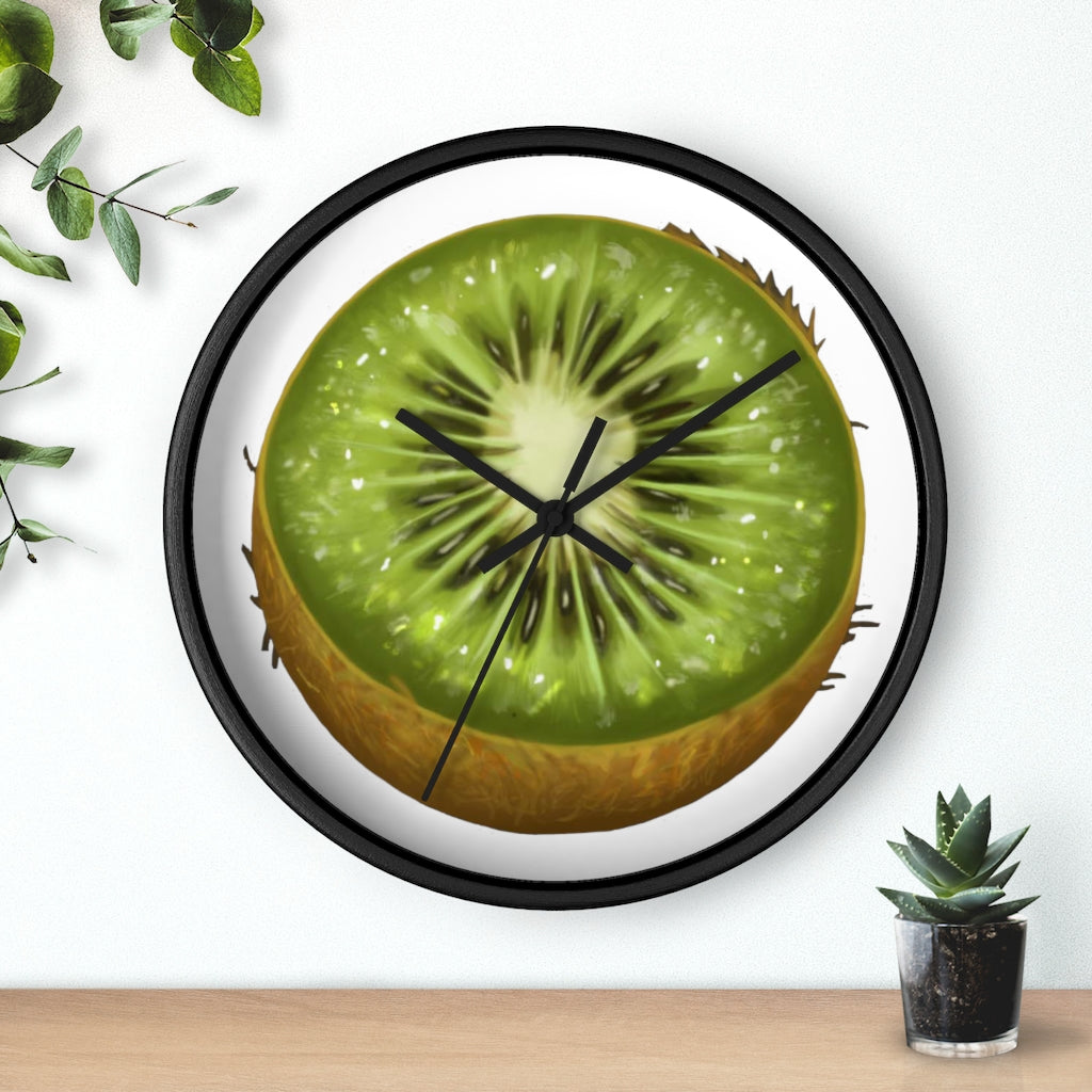 A stylish Kiwi Wall Clock featuring a wooden frame and a vibrant kiwi design, perfect for indoor decoration.