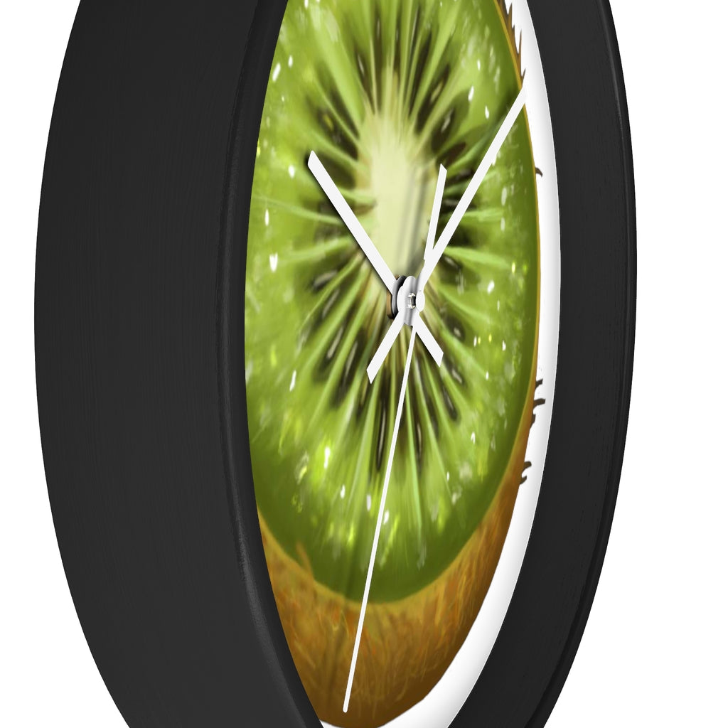 A stylish Kiwi Wall Clock featuring a wooden frame and a vibrant kiwi design, perfect for indoor decoration.