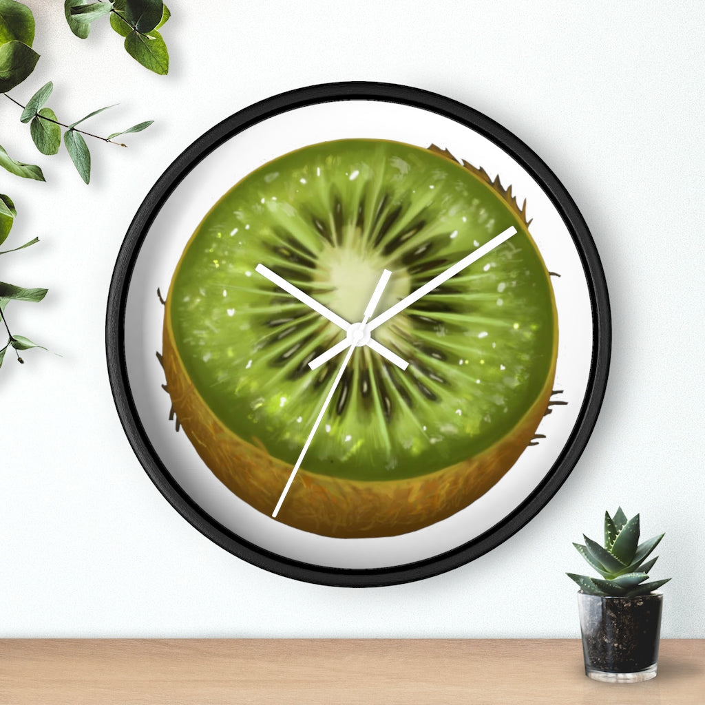 A stylish Kiwi Wall Clock featuring a wooden frame and a vibrant kiwi design, perfect for indoor decoration.