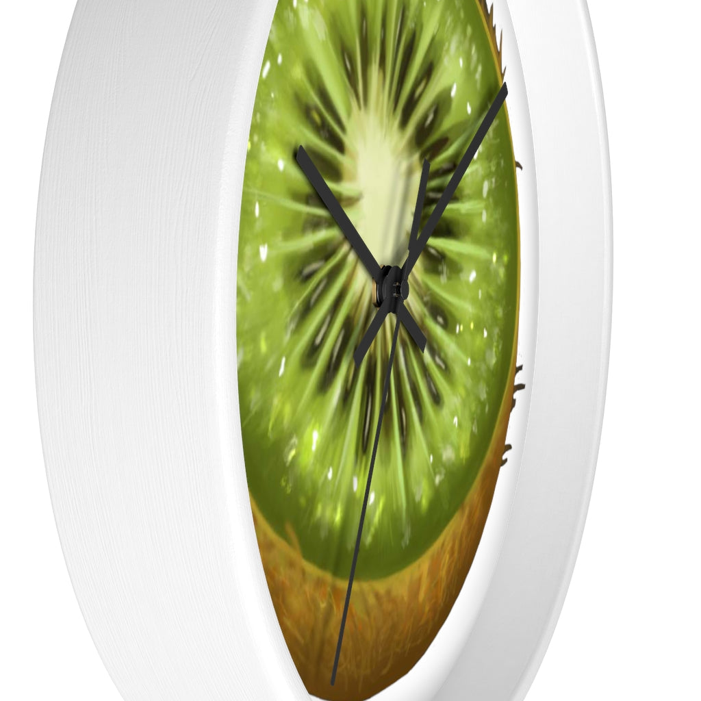 A stylish Kiwi Wall Clock featuring a wooden frame and a vibrant kiwi design, perfect for indoor decoration.