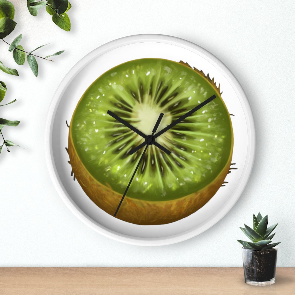 A stylish Kiwi Wall Clock featuring a wooden frame and a vibrant kiwi design, perfect for indoor decoration.