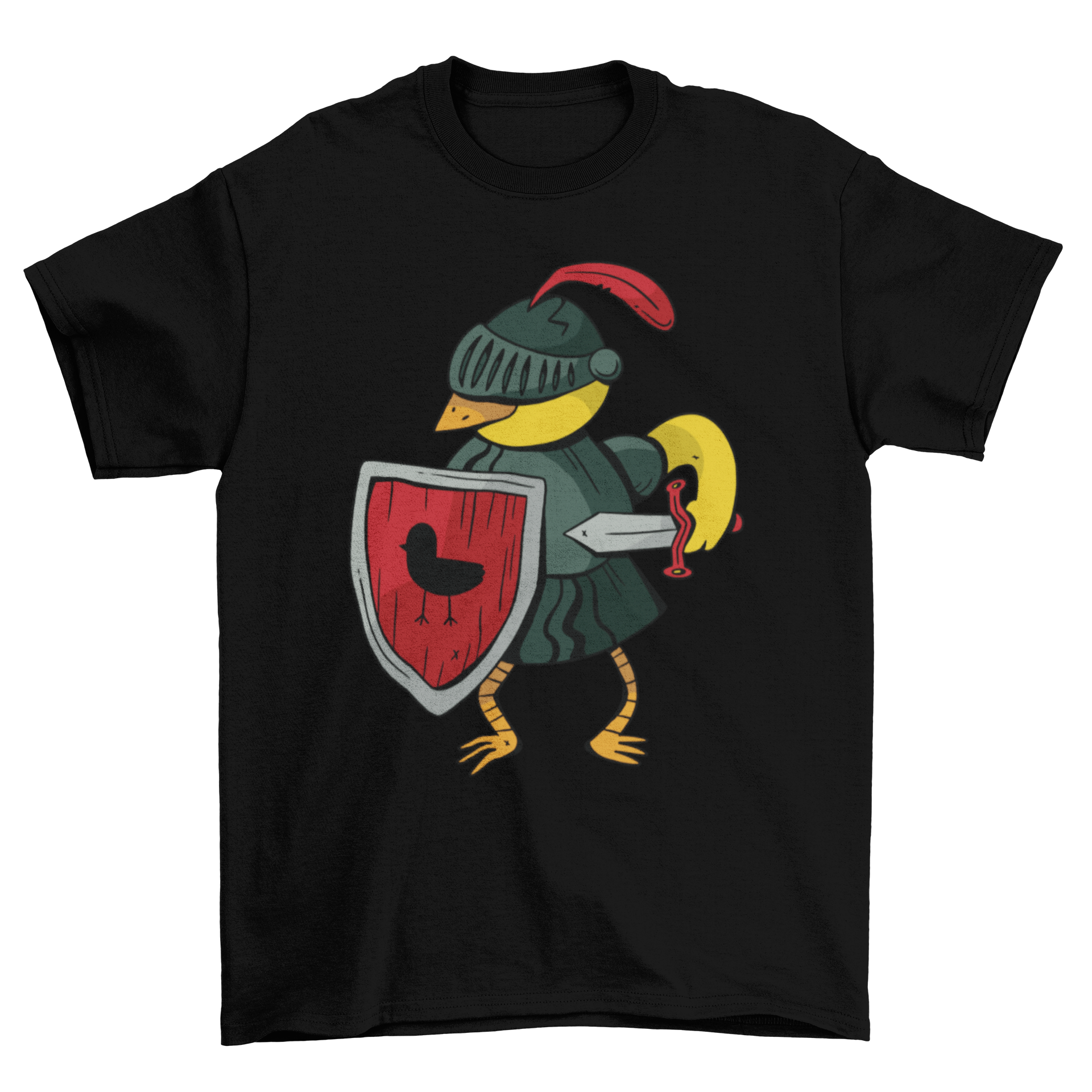 Knight Canary T-shirt featuring a whimsical canary bird dressed in knight armor, showcasing vibrant colors and intricate details.