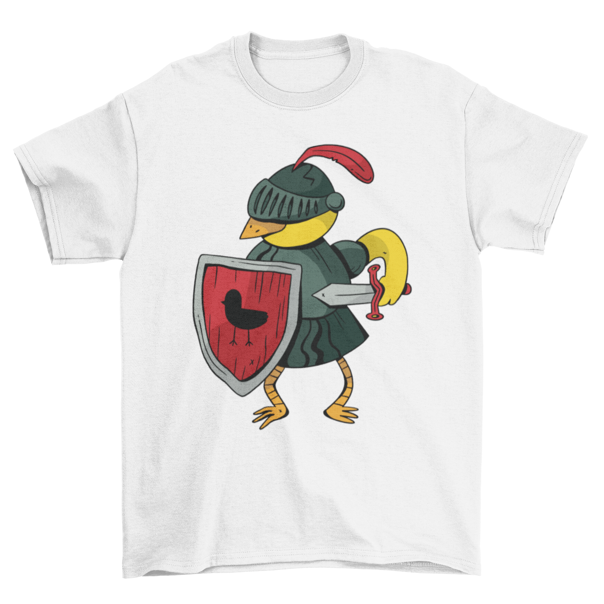 Knight Canary T-shirt featuring a whimsical canary bird dressed in knight armor, showcasing vibrant colors and intricate details.