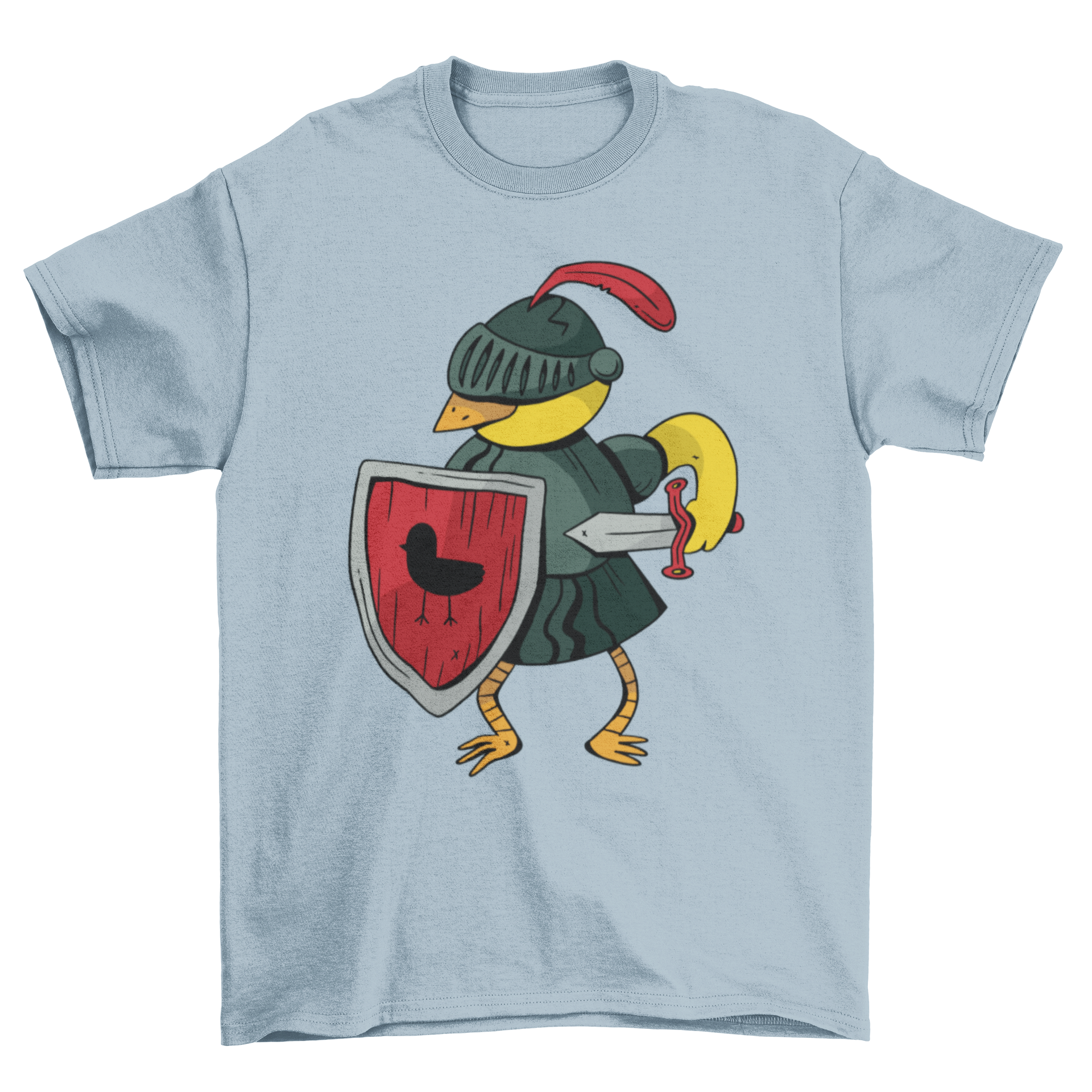 Knight Canary T-shirt featuring a whimsical canary bird dressed in knight armor, showcasing vibrant colors and intricate details.