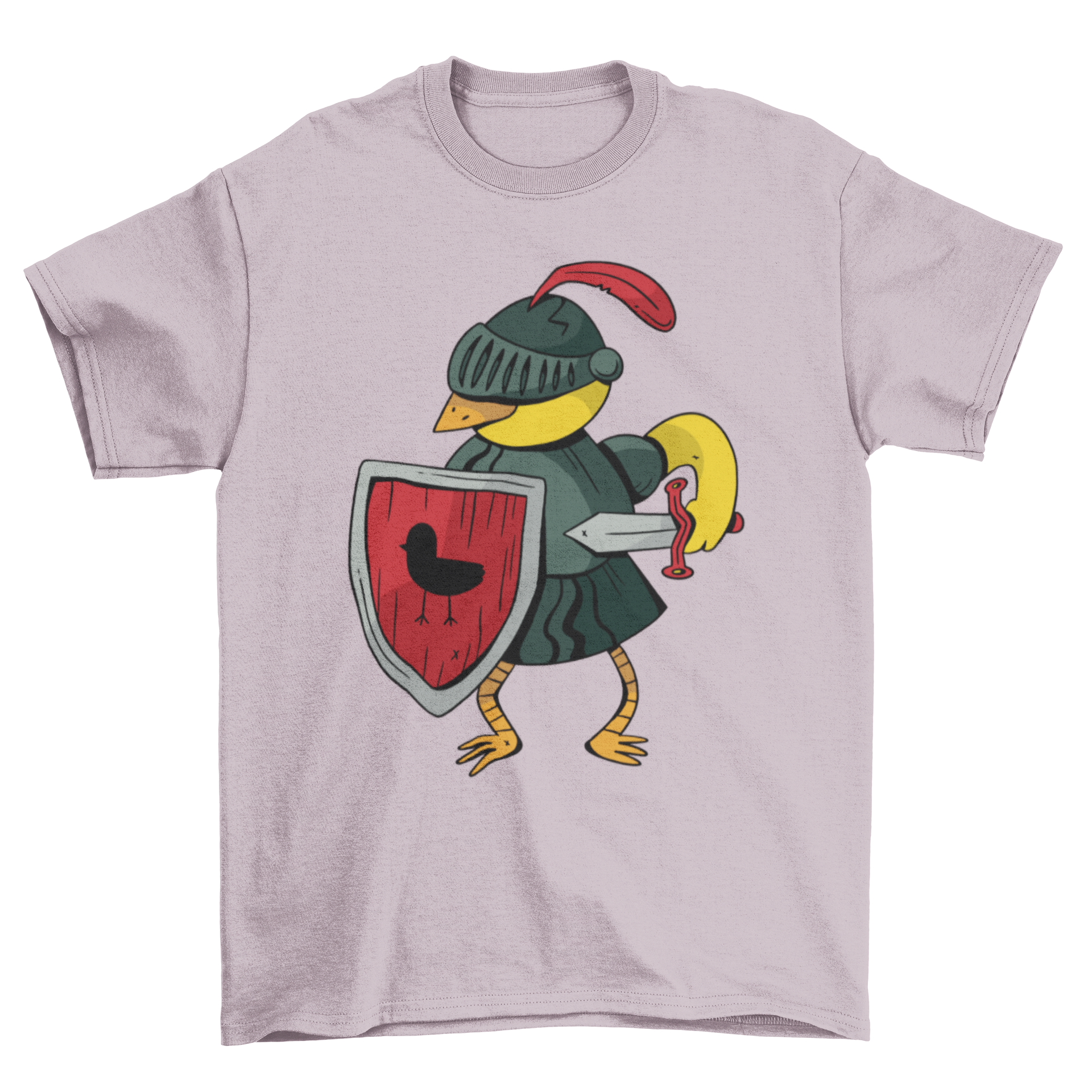 Knight Canary T-shirt featuring a whimsical canary bird dressed in knight armor, showcasing vibrant colors and intricate details.