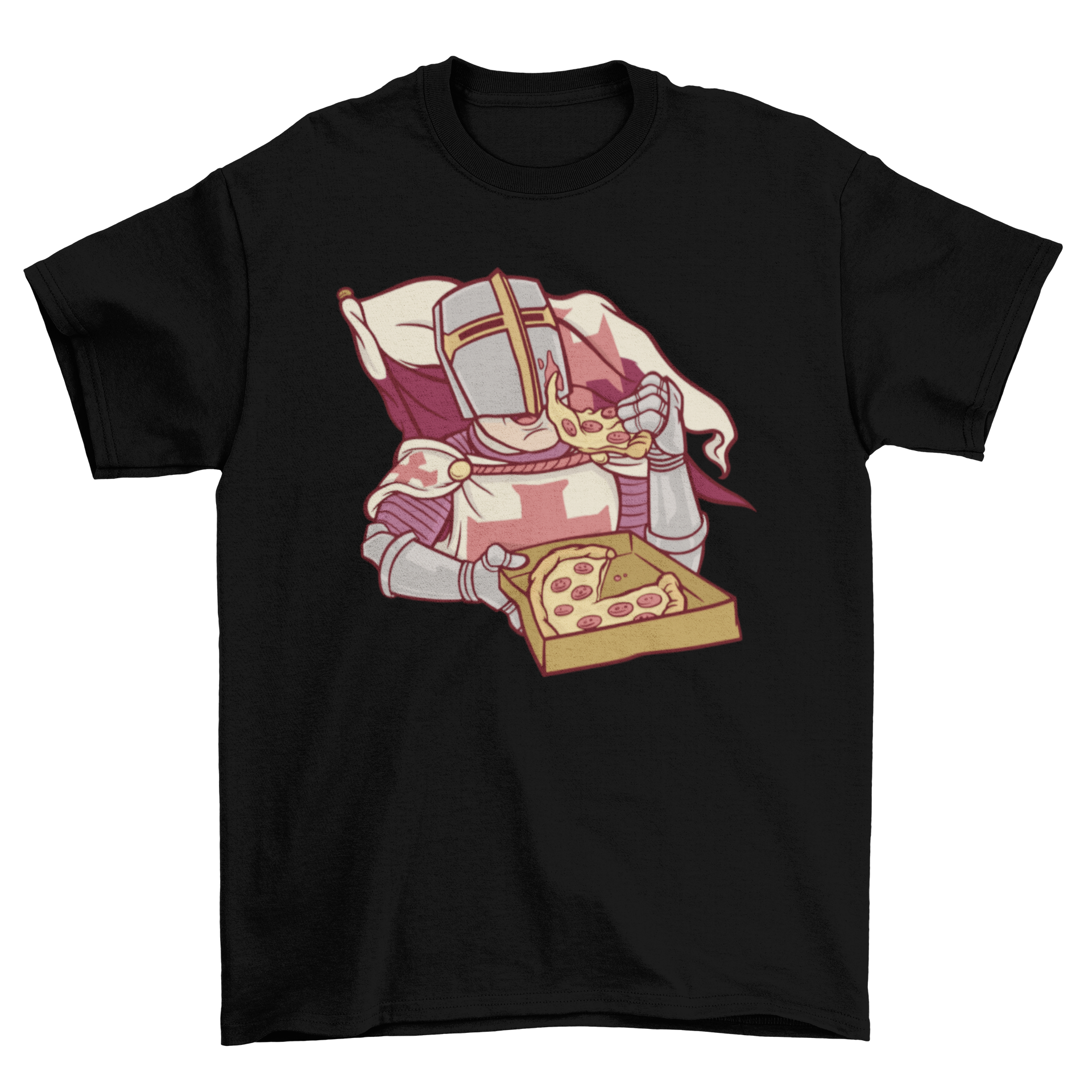 A medieval knight in armor enjoying a slice of pizza from a box, featured on a t-shirt design.