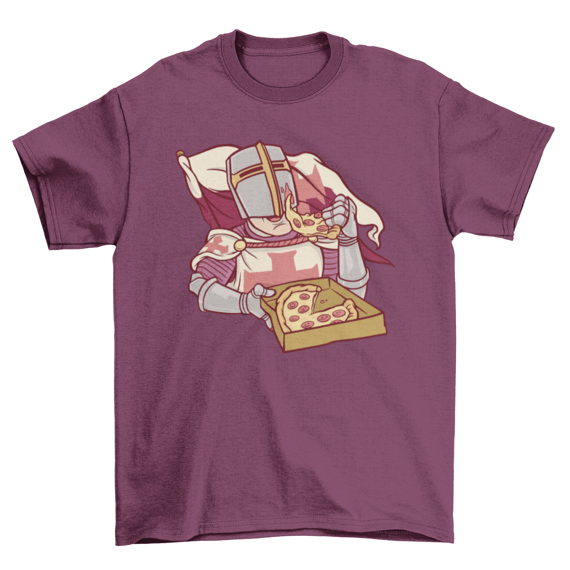 A medieval knight in armor enjoying a slice of pizza from a box, featured on a t-shirt design.