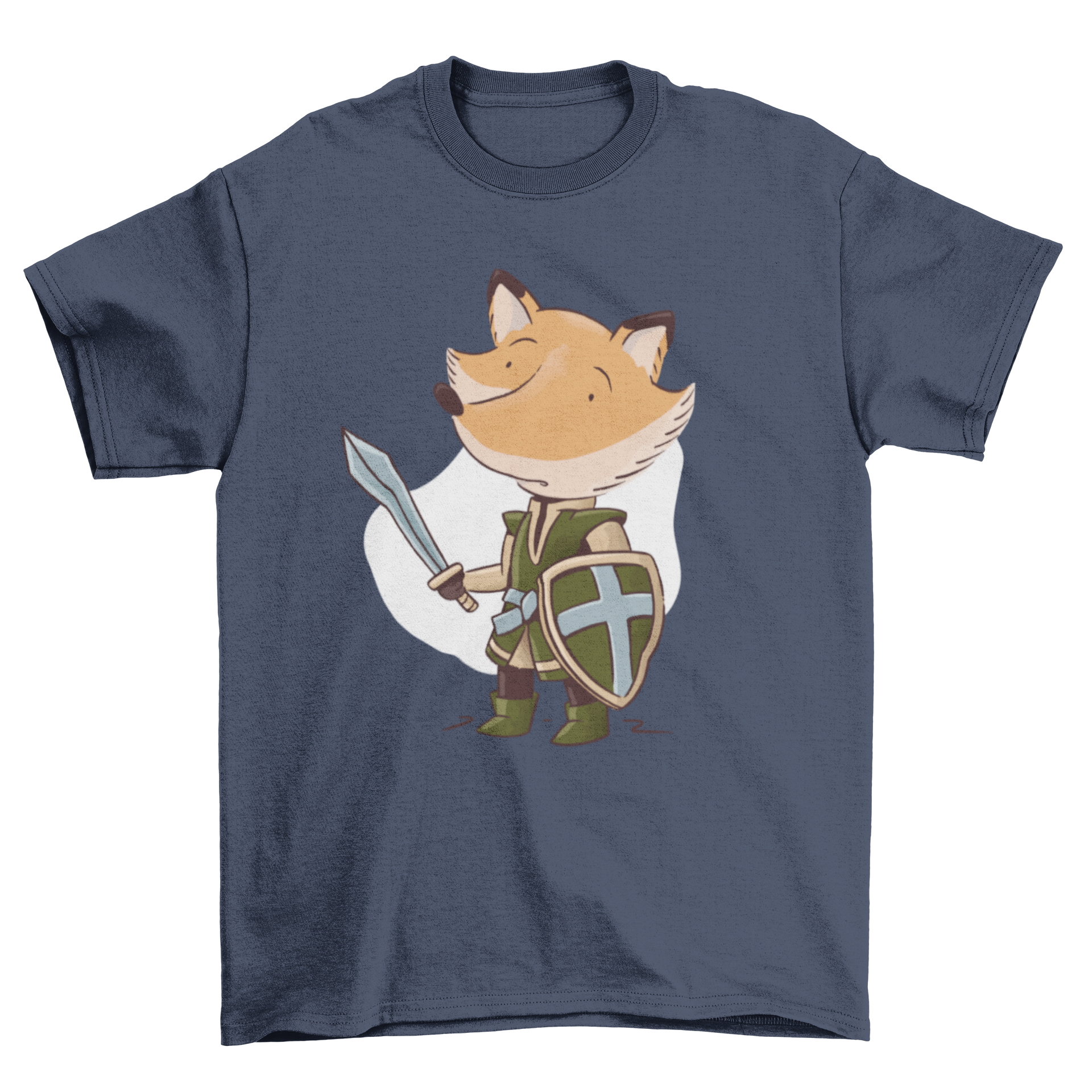 Knight Fox T-Shirt featuring a whimsical illustration of a fox dressed as a knight, showcasing vibrant colors and intricate details.