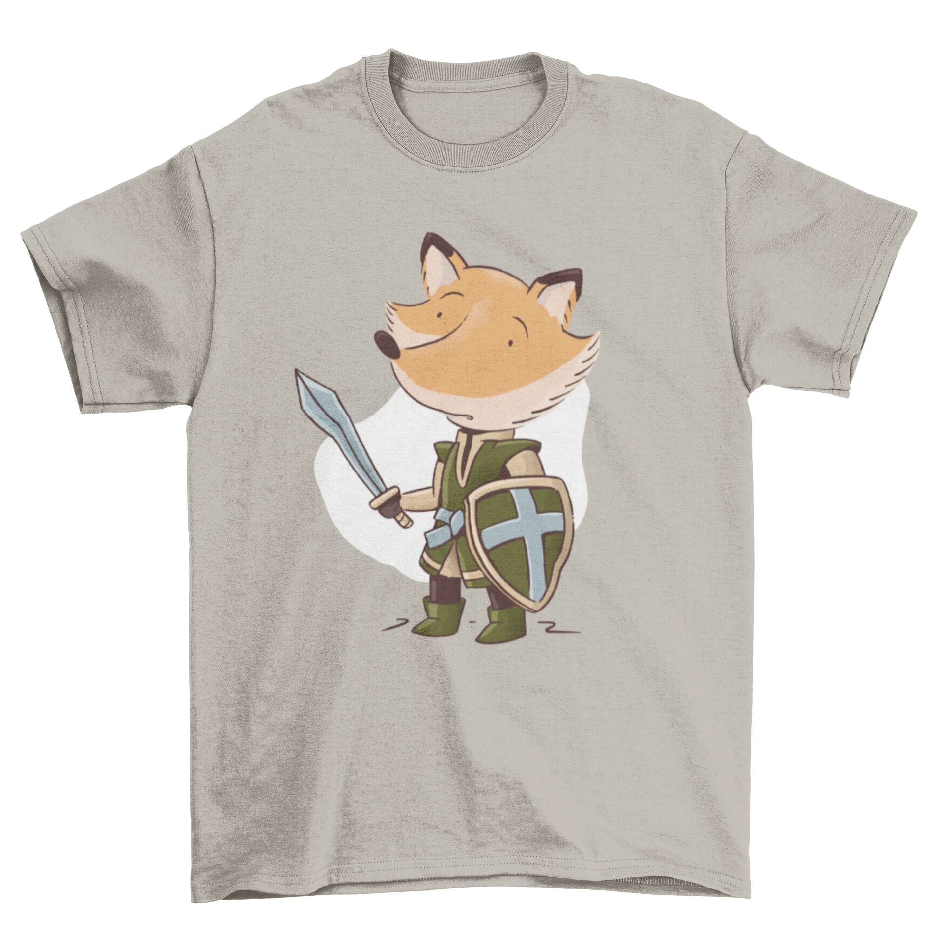 Knight Fox T-Shirt featuring a whimsical illustration of a fox dressed as a knight, showcasing vibrant colors and intricate details.