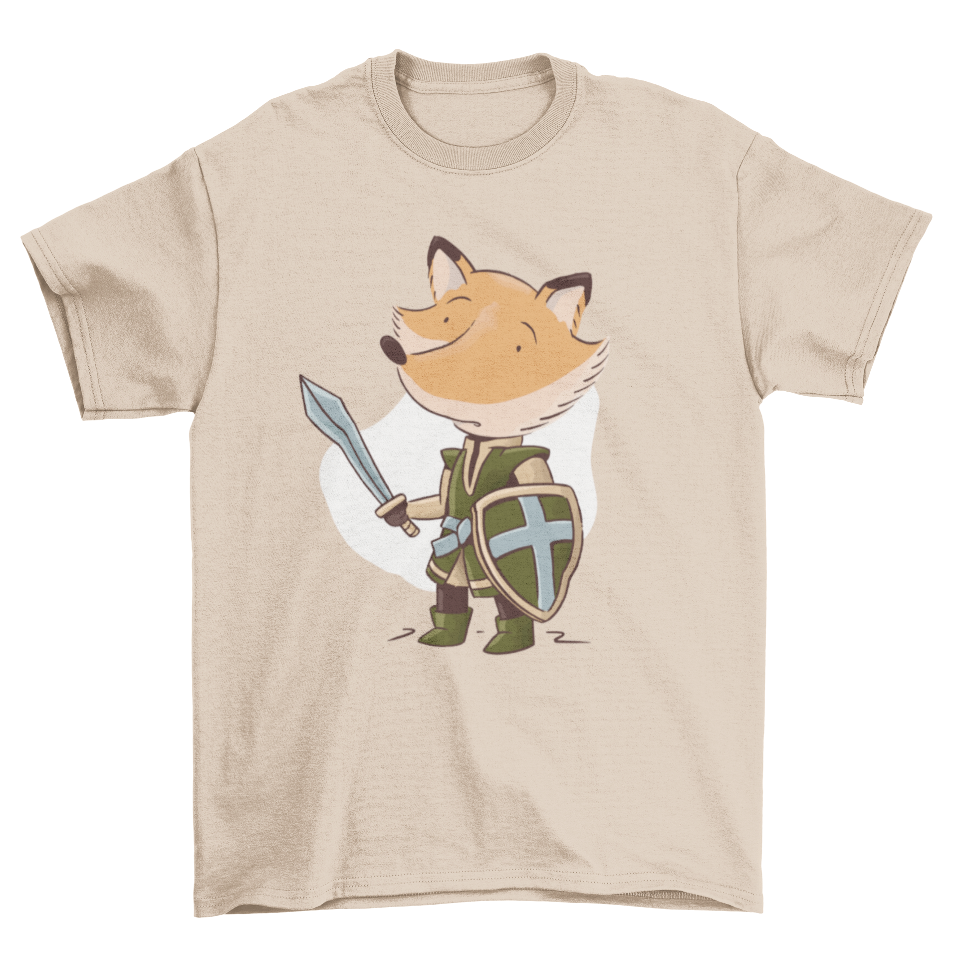 Knight Fox T-Shirt featuring a whimsical illustration of a fox dressed as a knight, showcasing vibrant colors and intricate details.