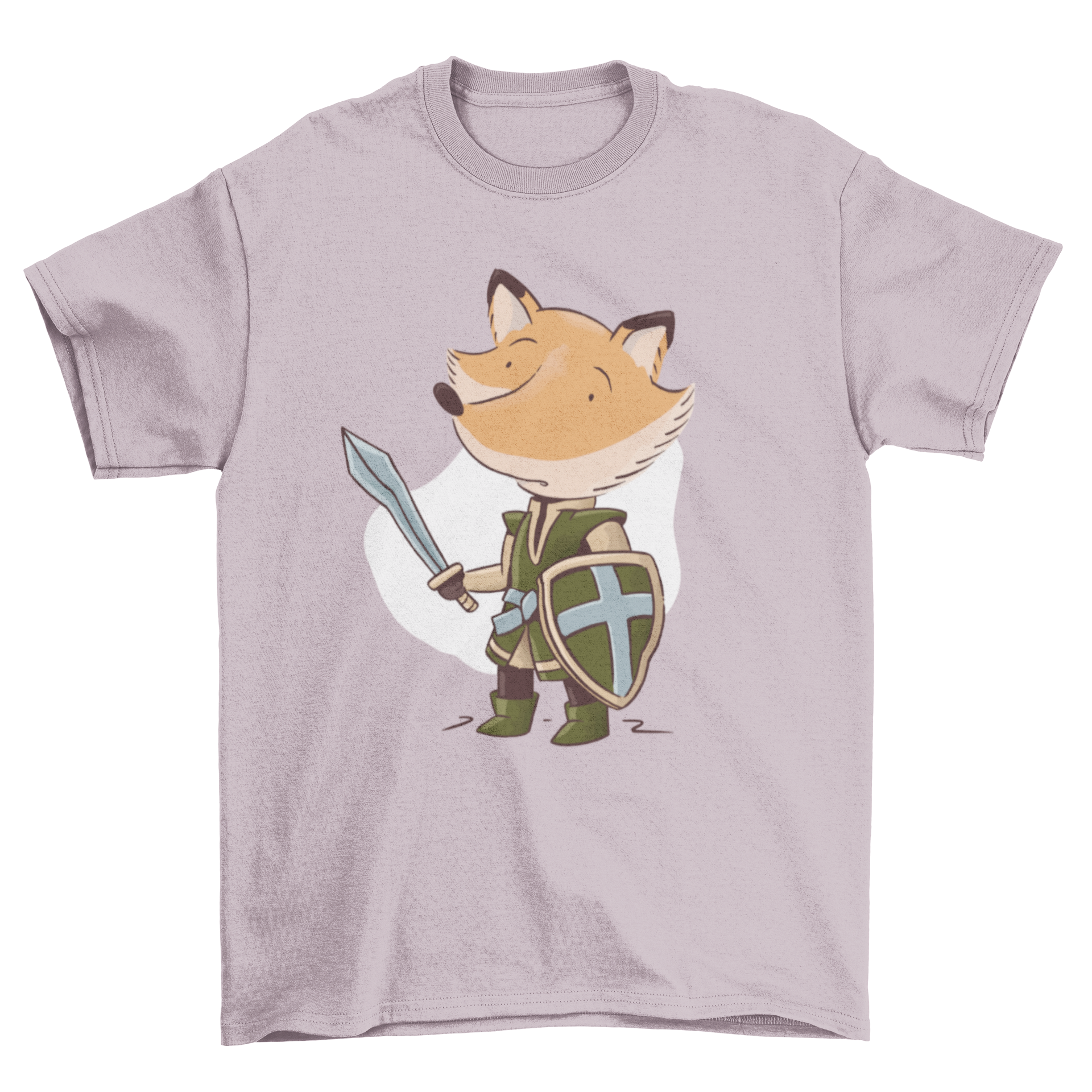 Knight Fox T-Shirt featuring a whimsical illustration of a fox dressed as a knight, showcasing vibrant colors and intricate details.