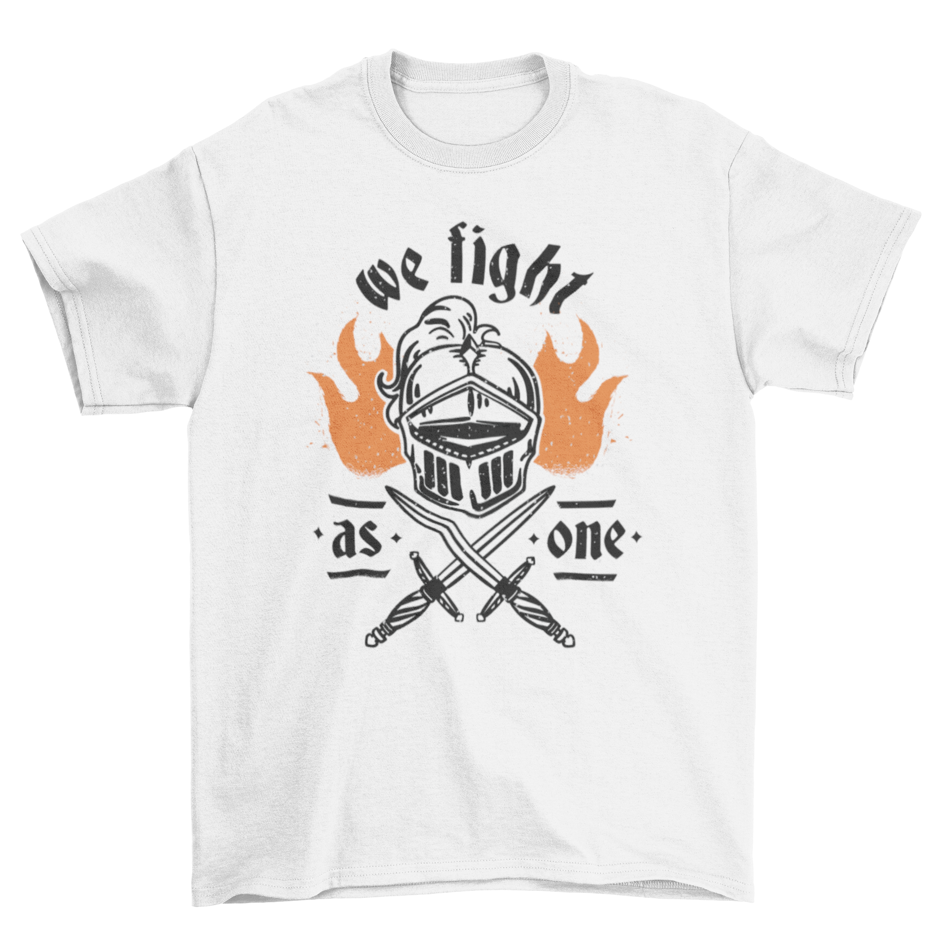 Knight helmet and swords graphic t-shirt with the quote 'We fight as one'.