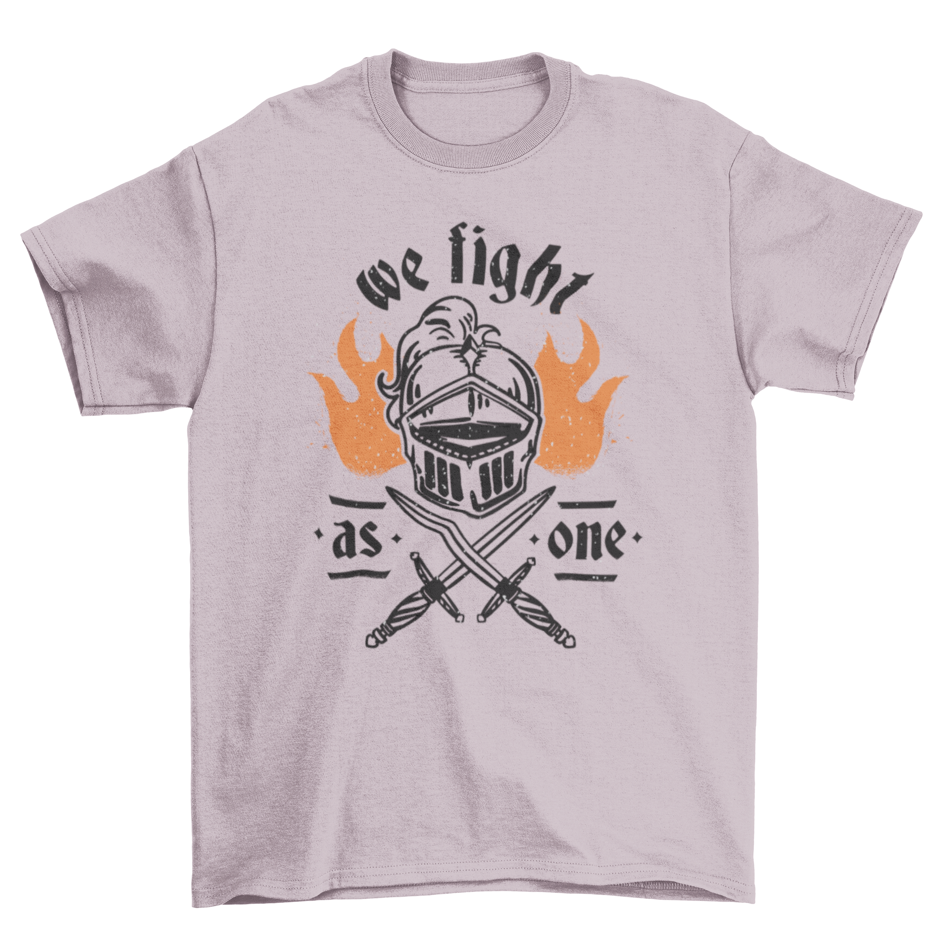 Knight helmet and swords graphic t-shirt with the quote 'We fight as one'.