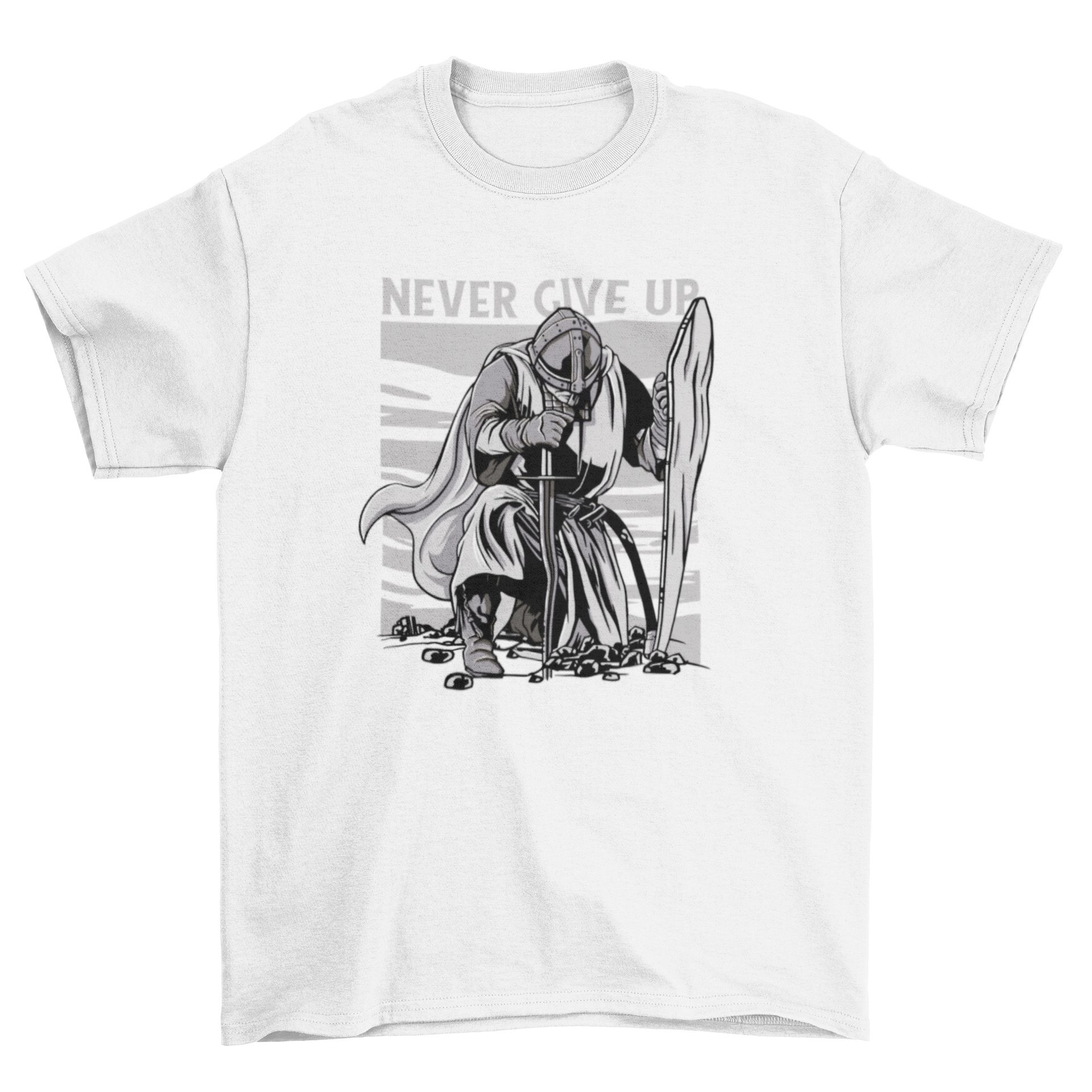 Knight Warrior Kneel T-Shirt featuring a knight with sword and shield, and the quote 'Never give up'.