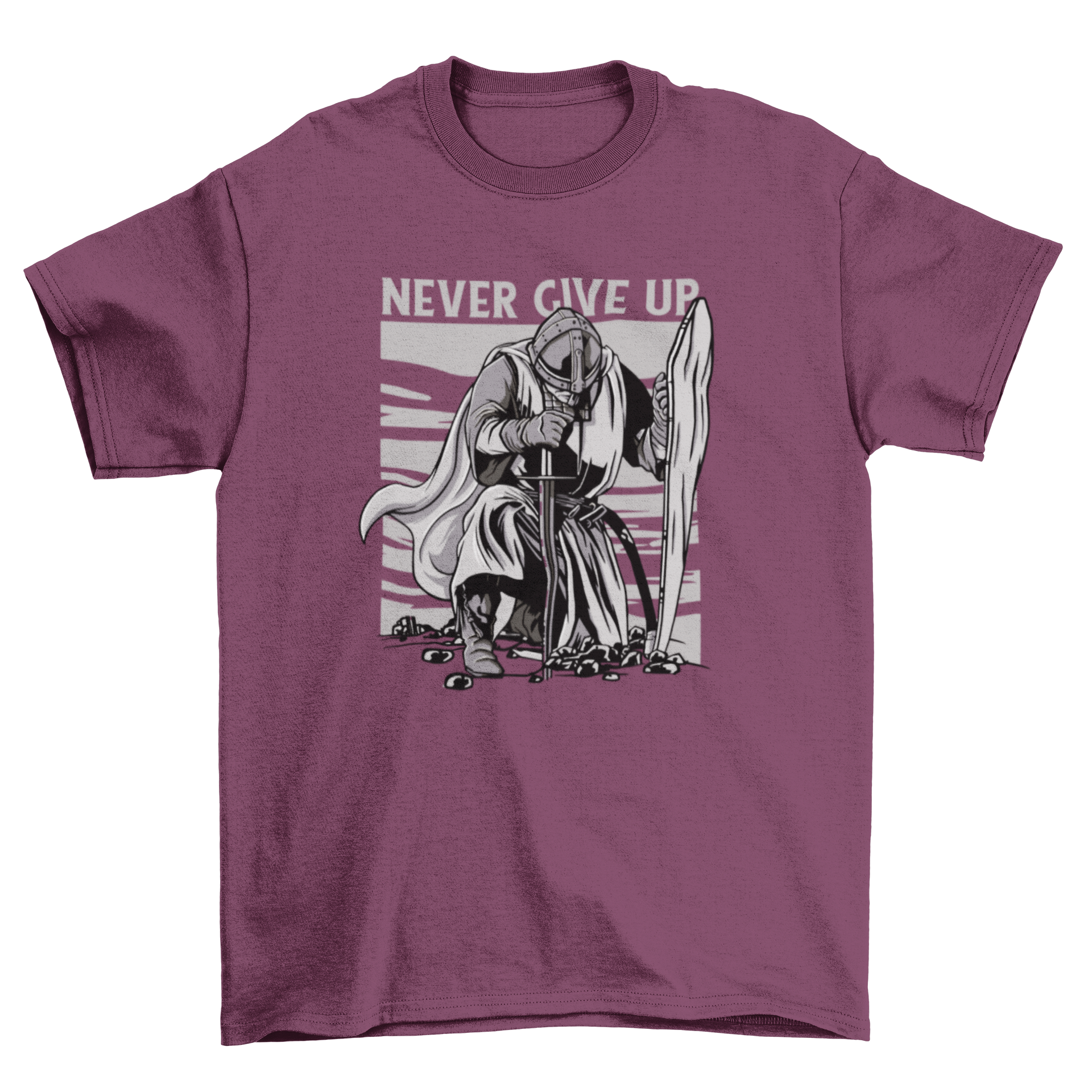 Knight Warrior Kneel T-Shirt featuring a knight with sword and shield, and the quote 'Never give up'.