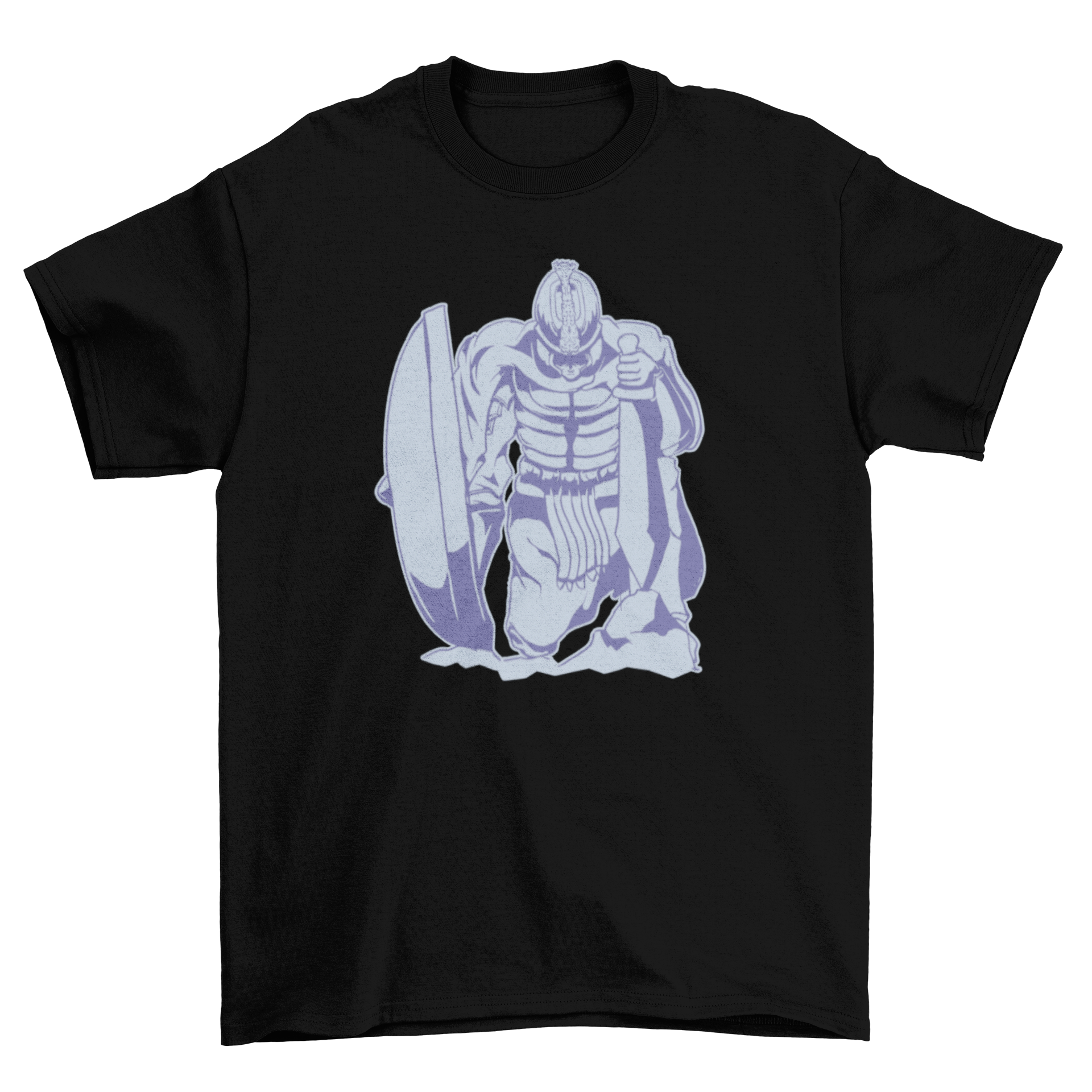 A stylish t-shirt featuring a knight holding a sword and shield, showcasing a detailed warrior design.