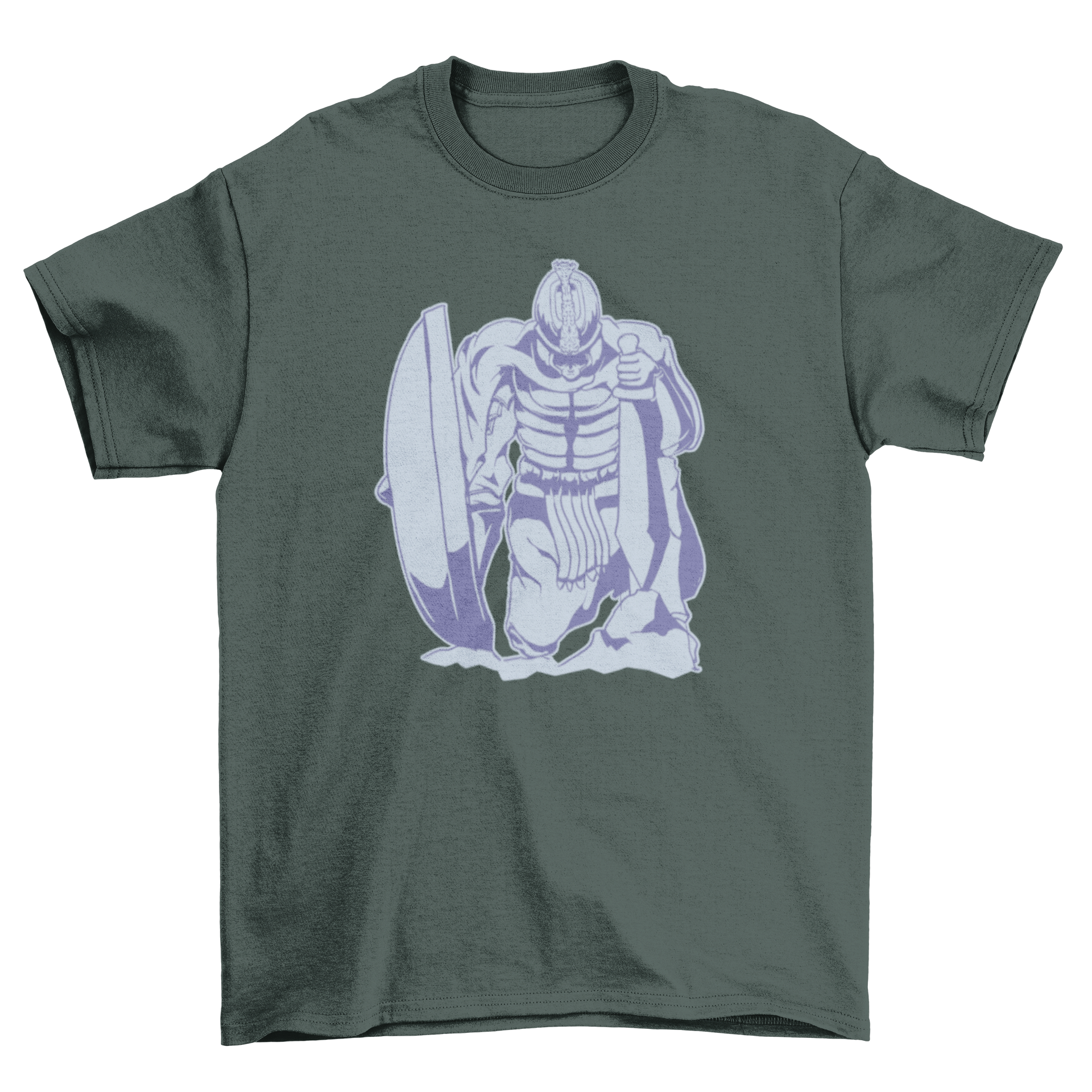 A stylish t-shirt featuring a knight holding a sword and shield, showcasing a detailed warrior design.