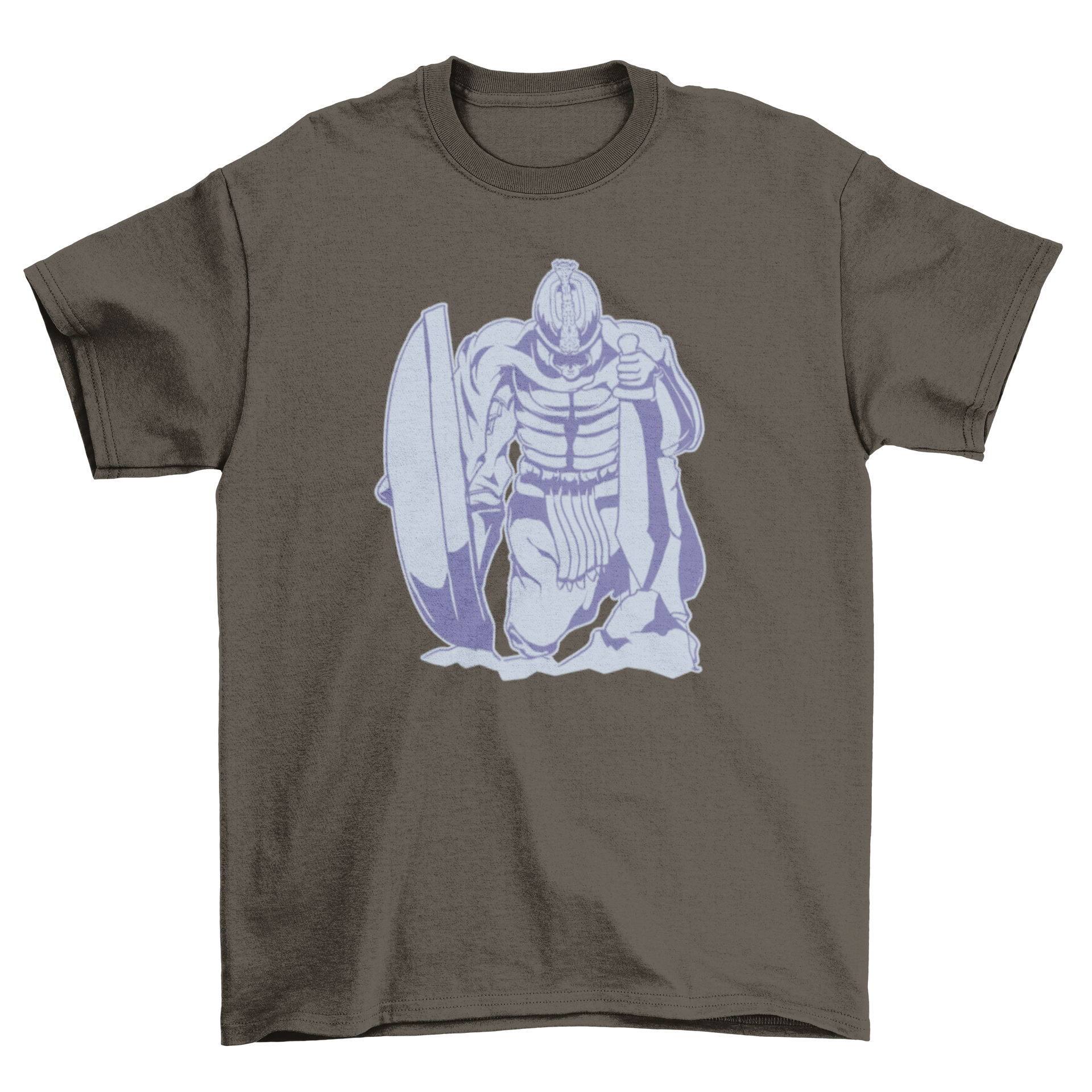 A stylish t-shirt featuring a knight holding a sword and shield, showcasing a detailed warrior design.