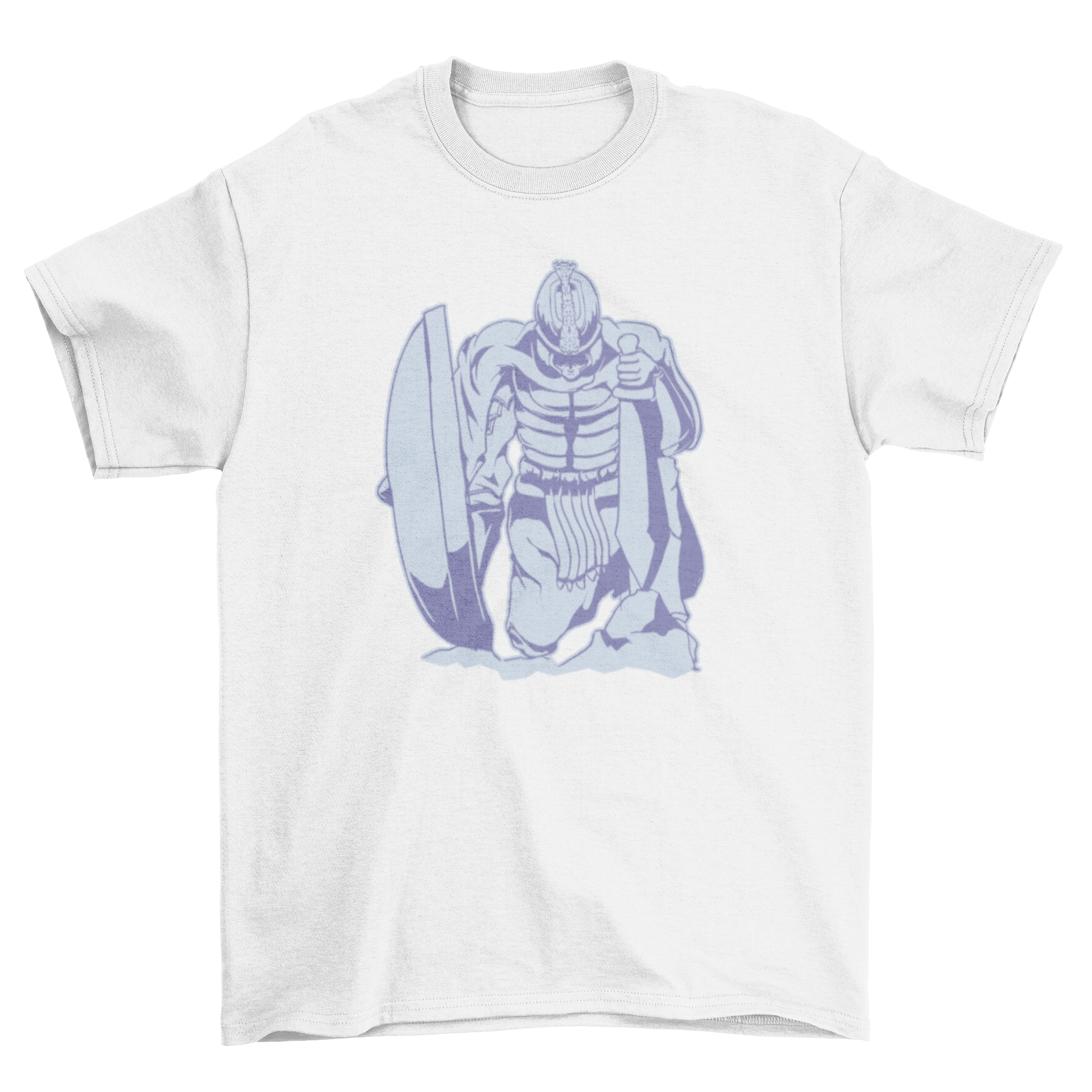 A stylish t-shirt featuring a knight holding a sword and shield, showcasing a detailed warrior design.