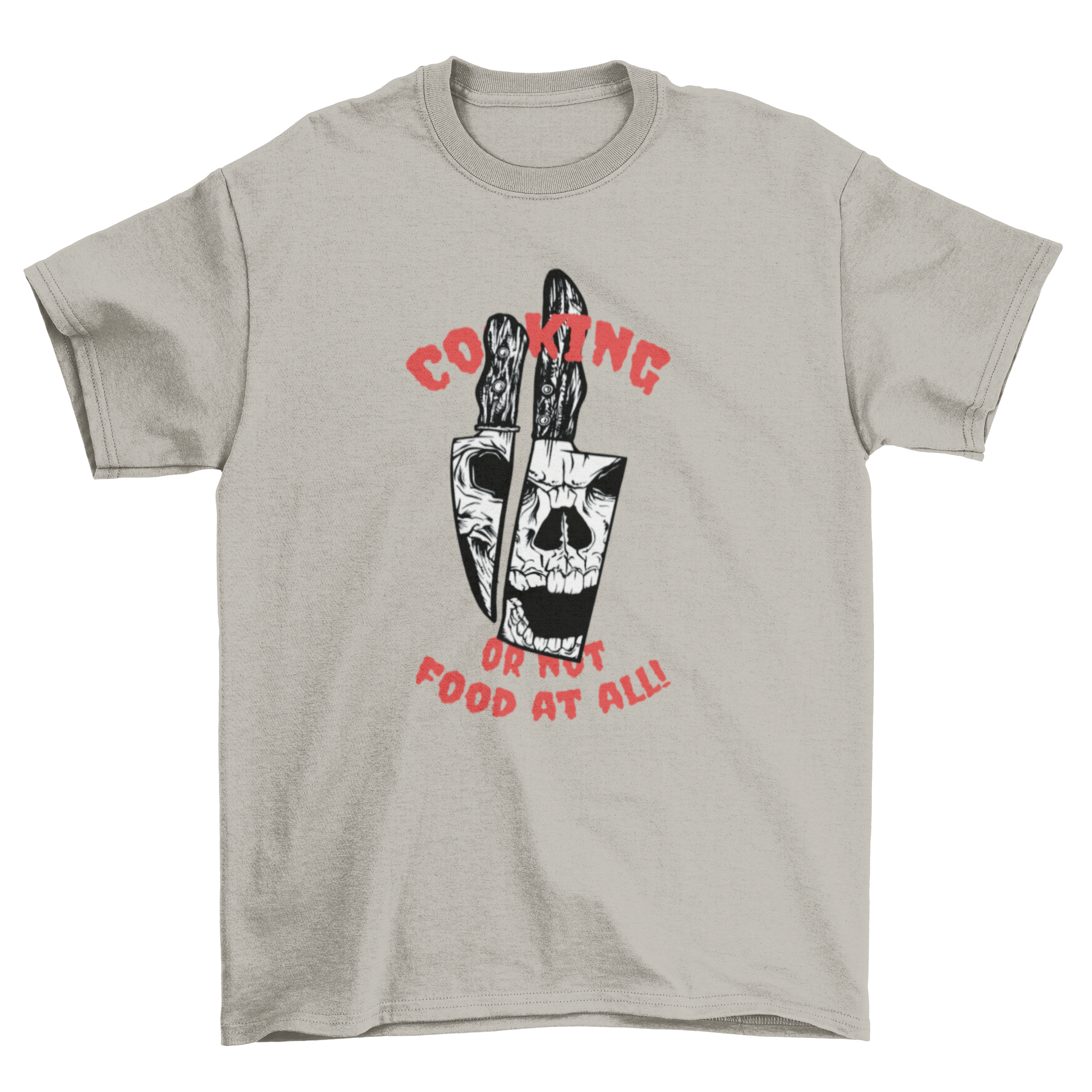 A stylish t-shirt featuring a skull and crossed knives design with the caption 'Cooking or not food at all!'