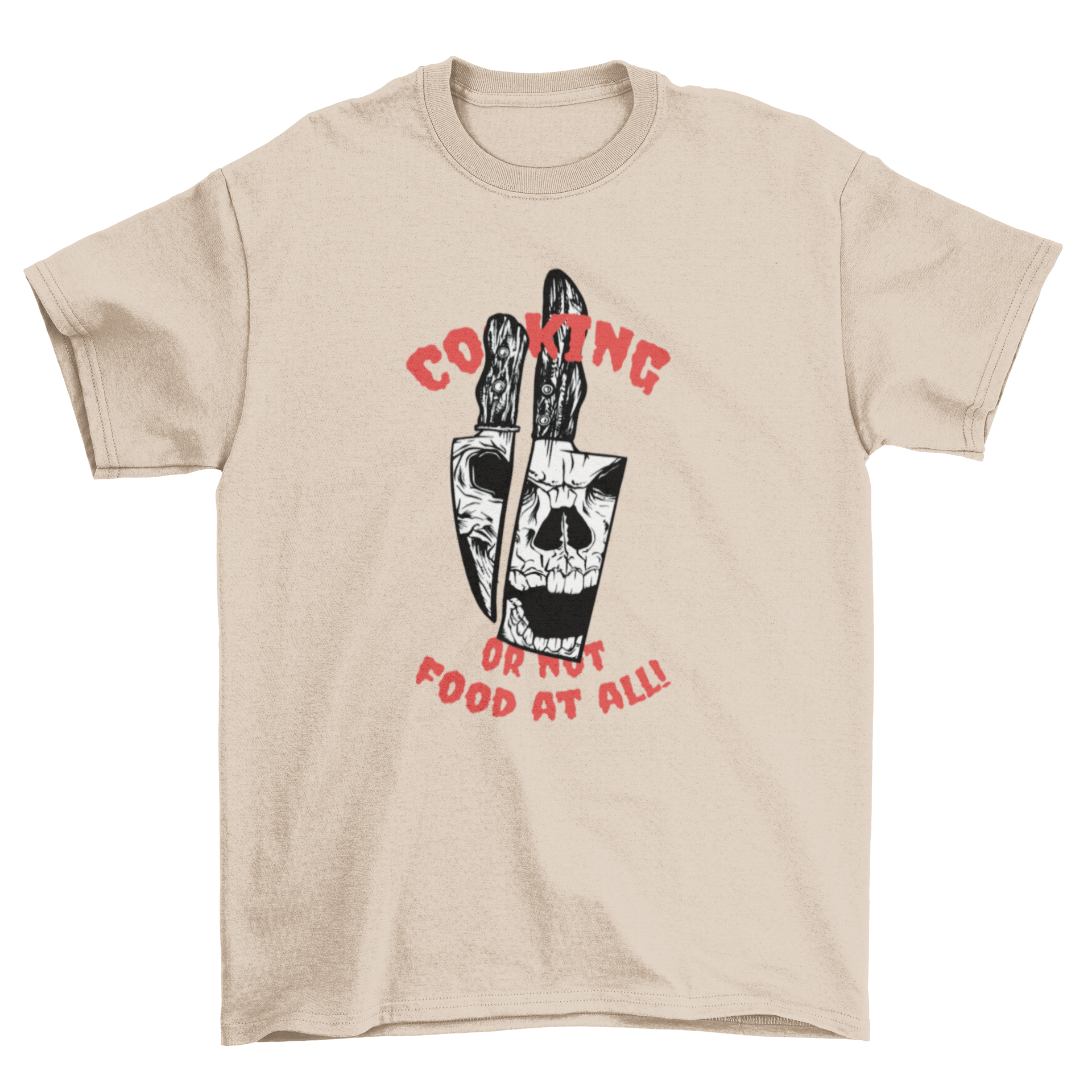 A stylish t-shirt featuring a skull and crossed knives design with the caption 'Cooking or not food at all!'