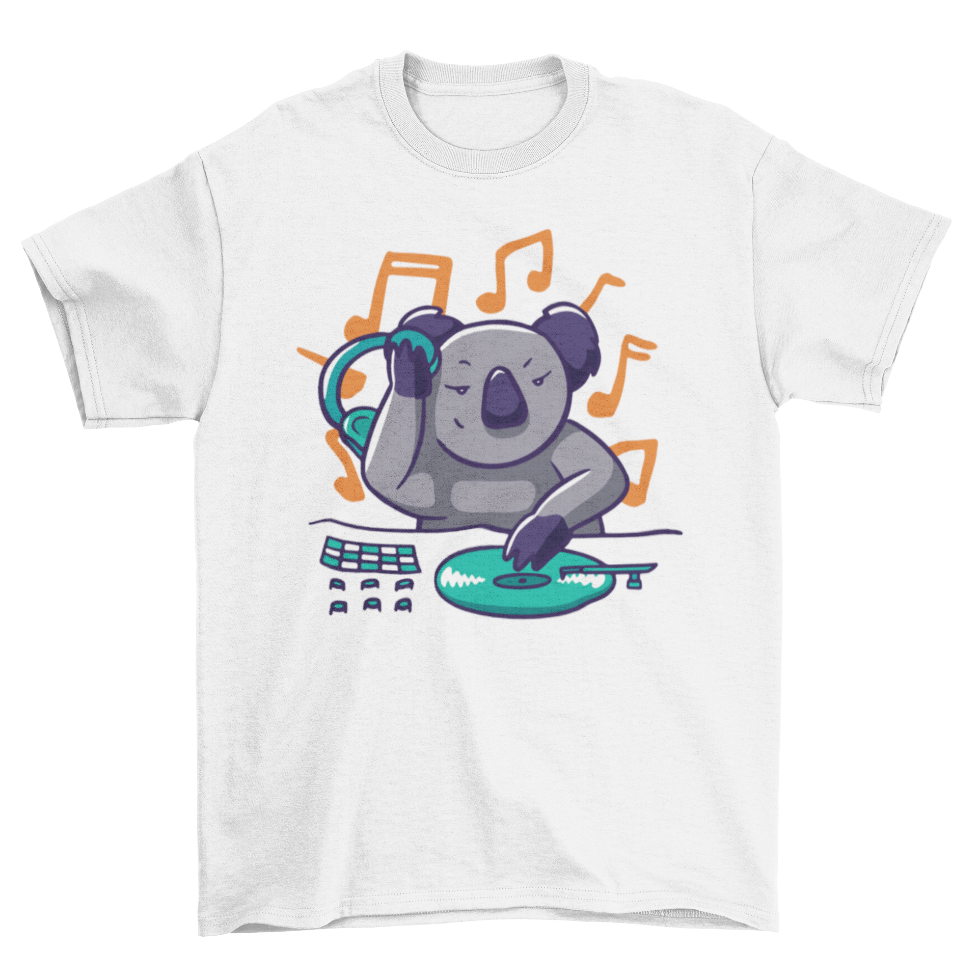 A vibrant Koala DJ T-shirt featuring a funny illustration of a koala wearing headphones and mixing music.