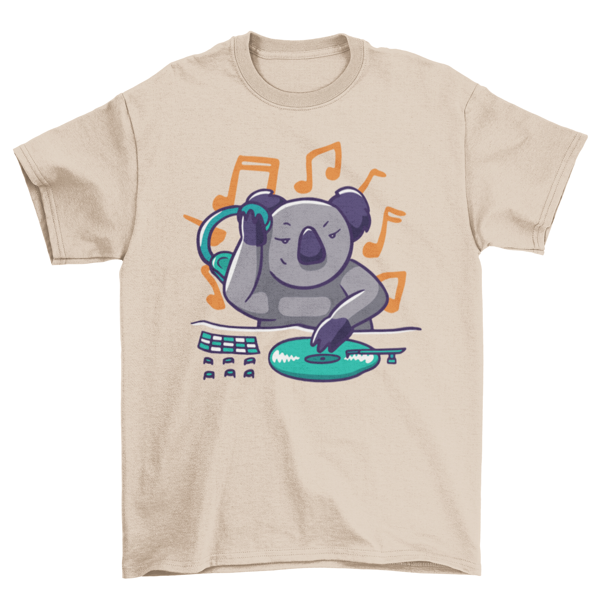 A vibrant Koala DJ T-shirt featuring a funny illustration of a koala wearing headphones and mixing music.