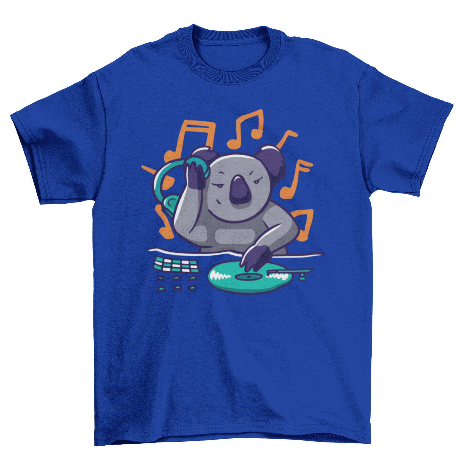 A vibrant Koala DJ T-shirt featuring a funny illustration of a koala wearing headphones and mixing music.