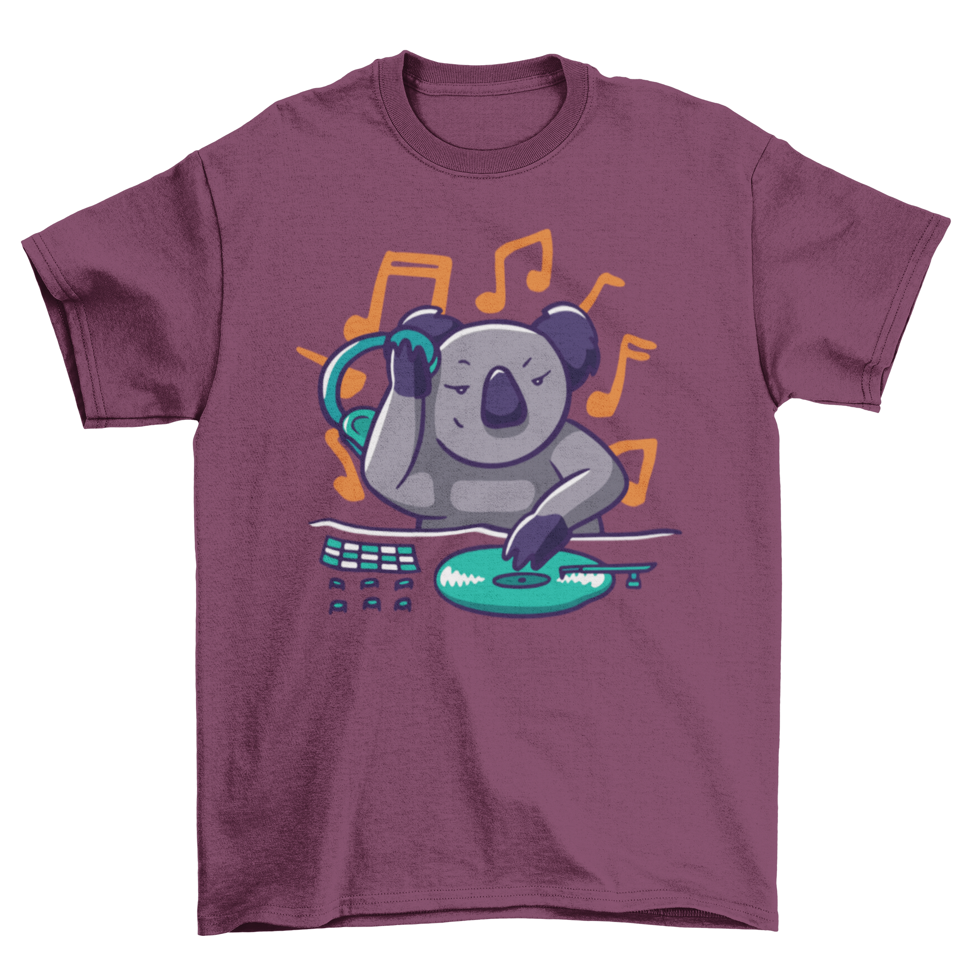 A vibrant Koala DJ T-shirt featuring a funny illustration of a koala wearing headphones and mixing music.