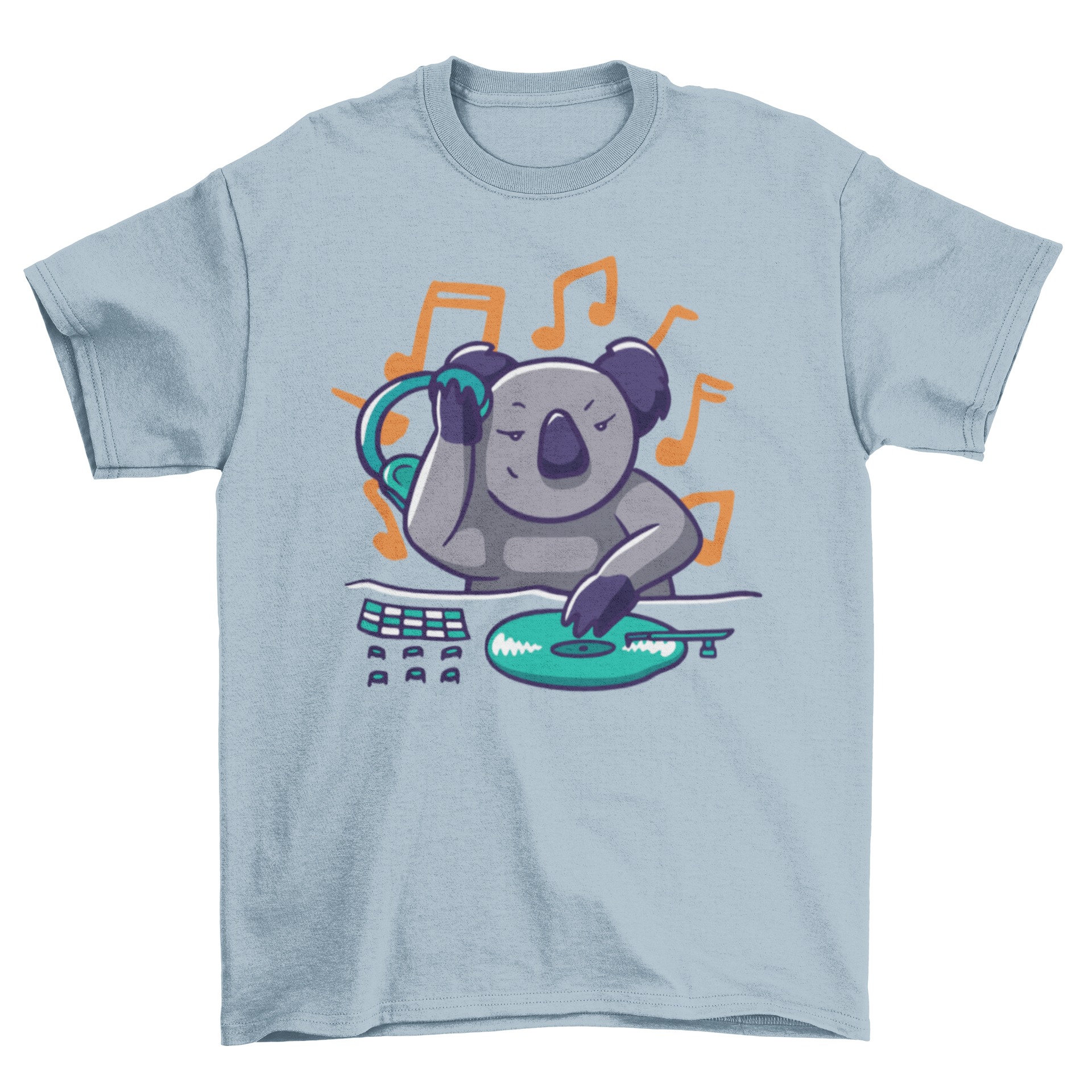 A vibrant Koala DJ T-shirt featuring a funny illustration of a koala wearing headphones and mixing music.