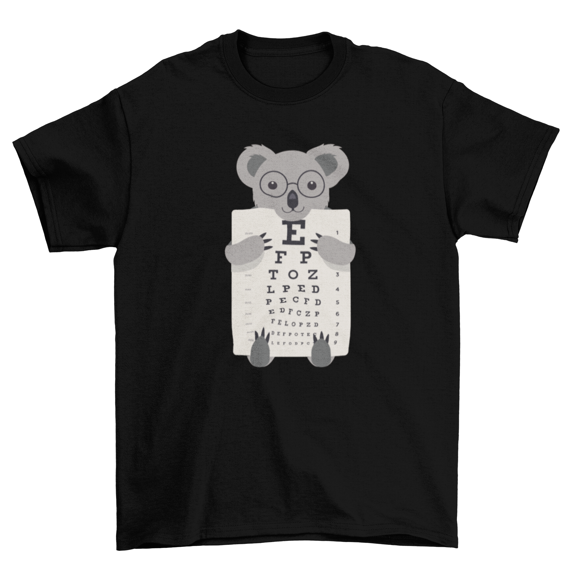 A cute t-shirt featuring a koala wearing glasses and holding an eye chart, perfect for animal lovers.