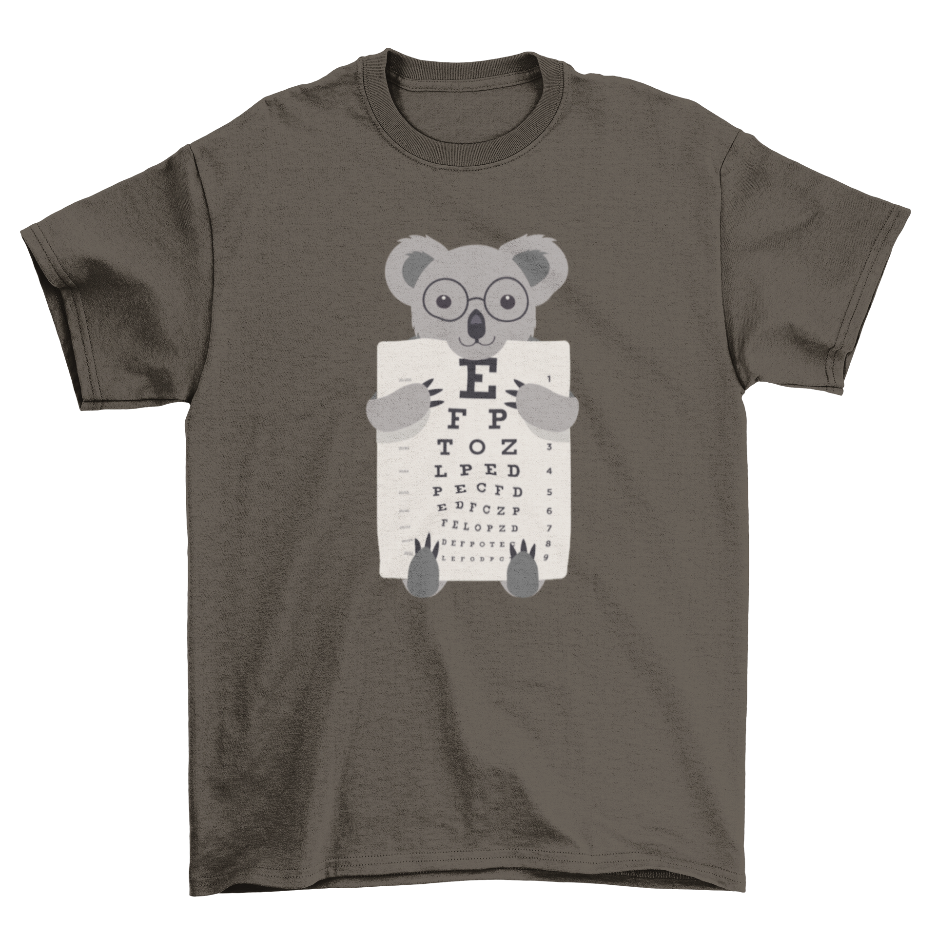 A cute t-shirt featuring a koala wearing glasses and holding an eye chart, perfect for animal lovers.