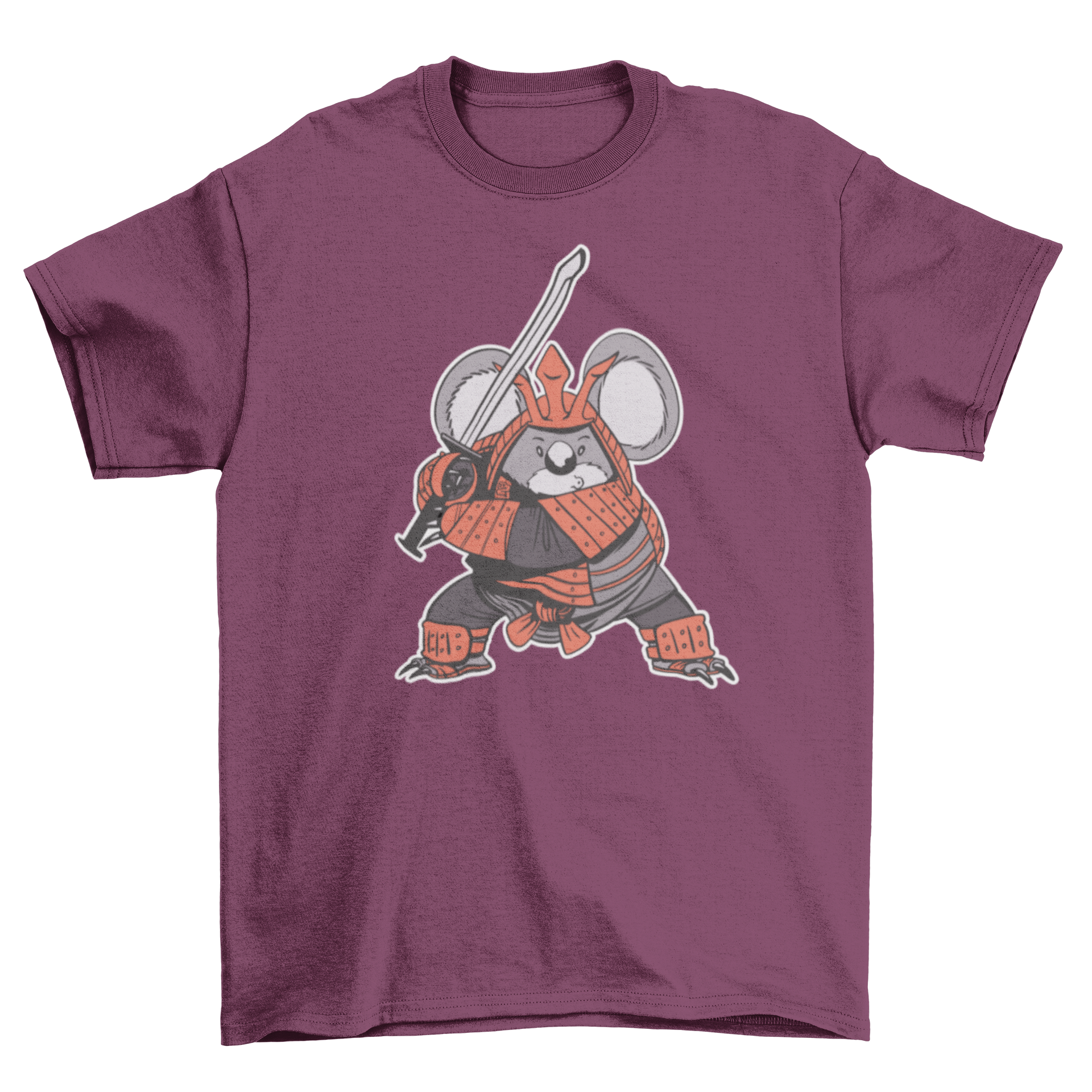 A stylish t-shirt featuring a koala dressed as a samurai, showcasing vibrant colors and intricate design.