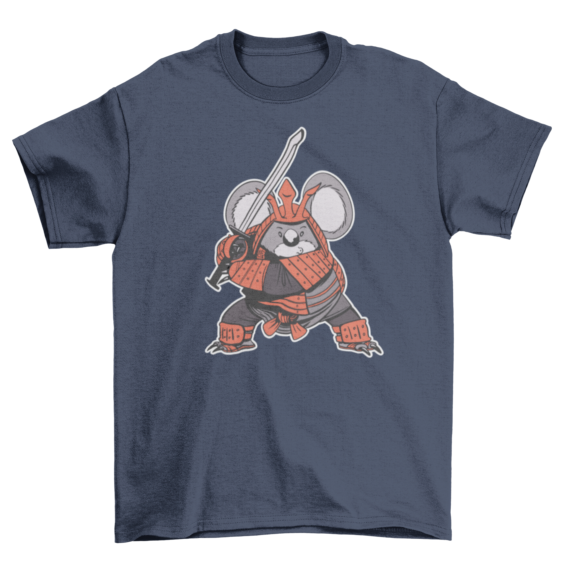 A stylish t-shirt featuring a koala dressed as a samurai, showcasing vibrant colors and intricate design.